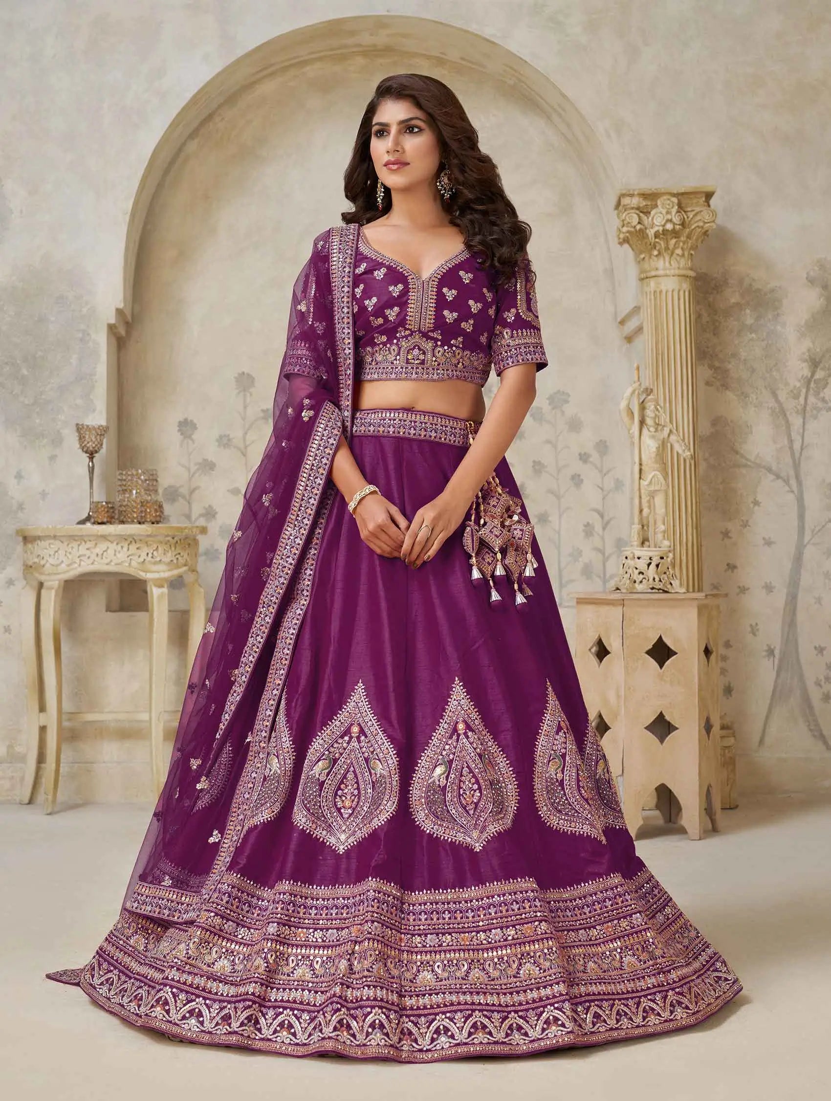 Wine Wedding Lehenga With Leaf Motifs - qivii