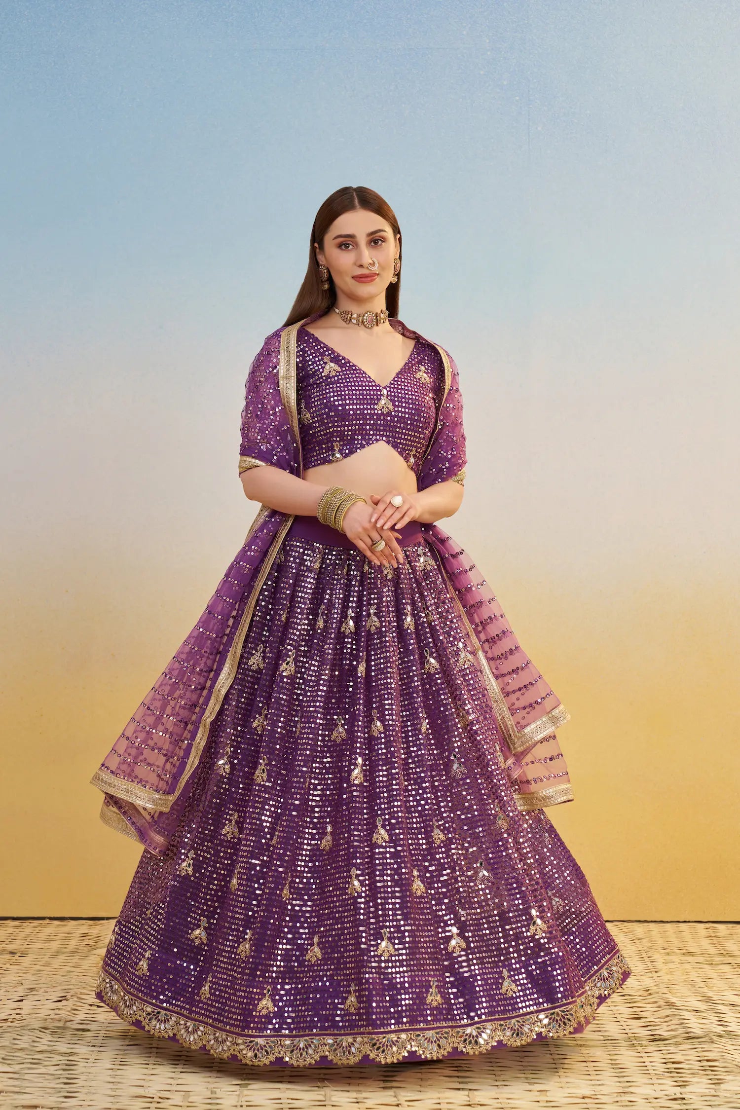 Dark Purple Net Lehenga Choli With Thread & Sequins Embroidery Work - qivii