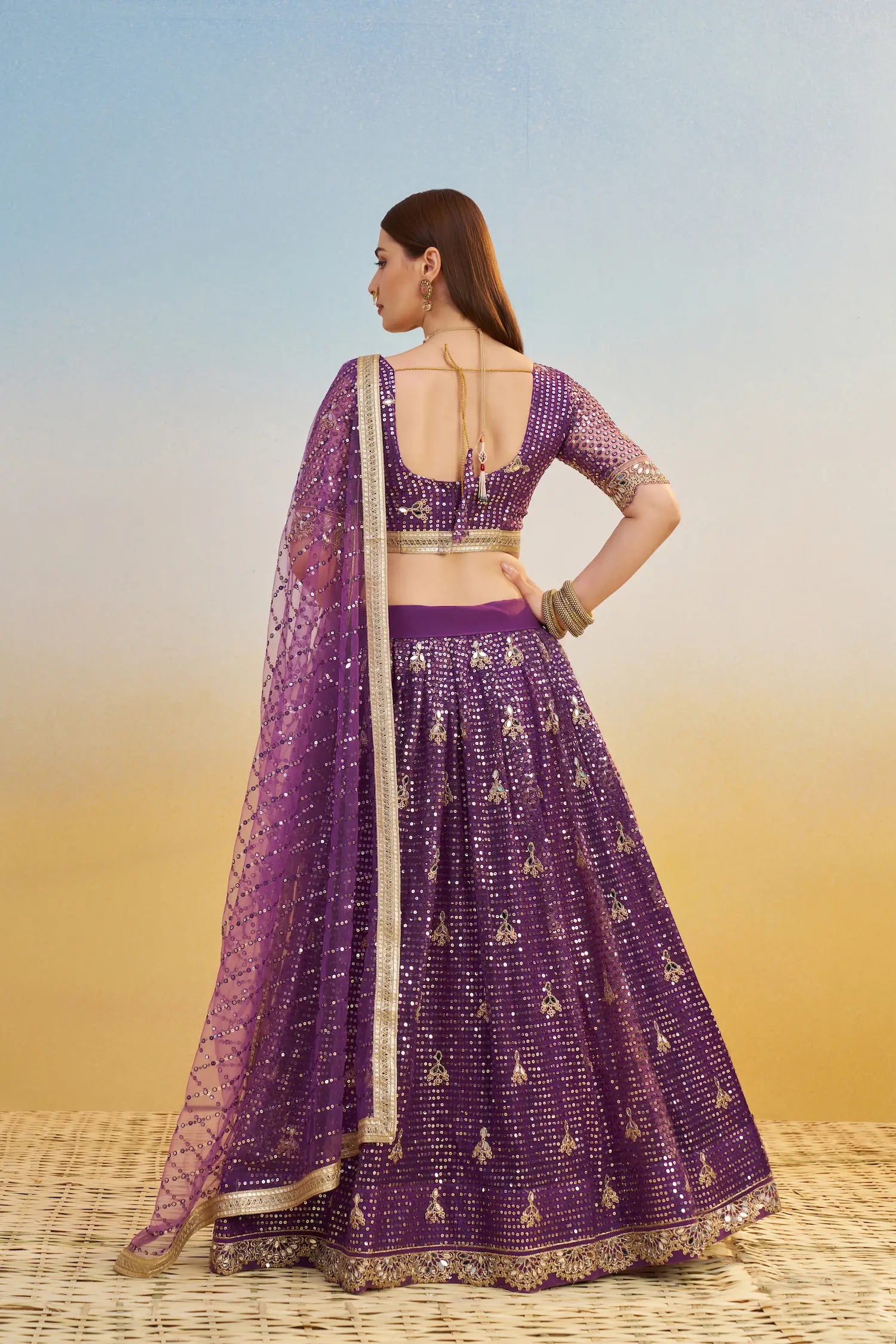 Dark Purple Net Lehenga Choli With Thread & Sequins Embroidery Work - qivii