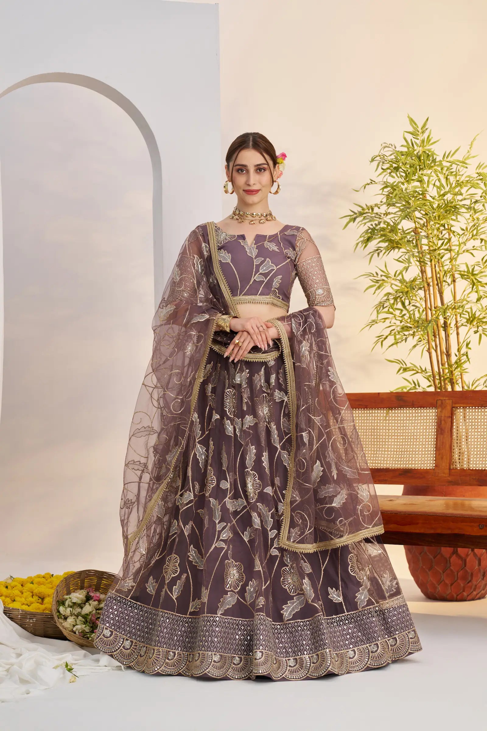 Dark Onion Net Lehenga Choli With Embroidery Work - qivii