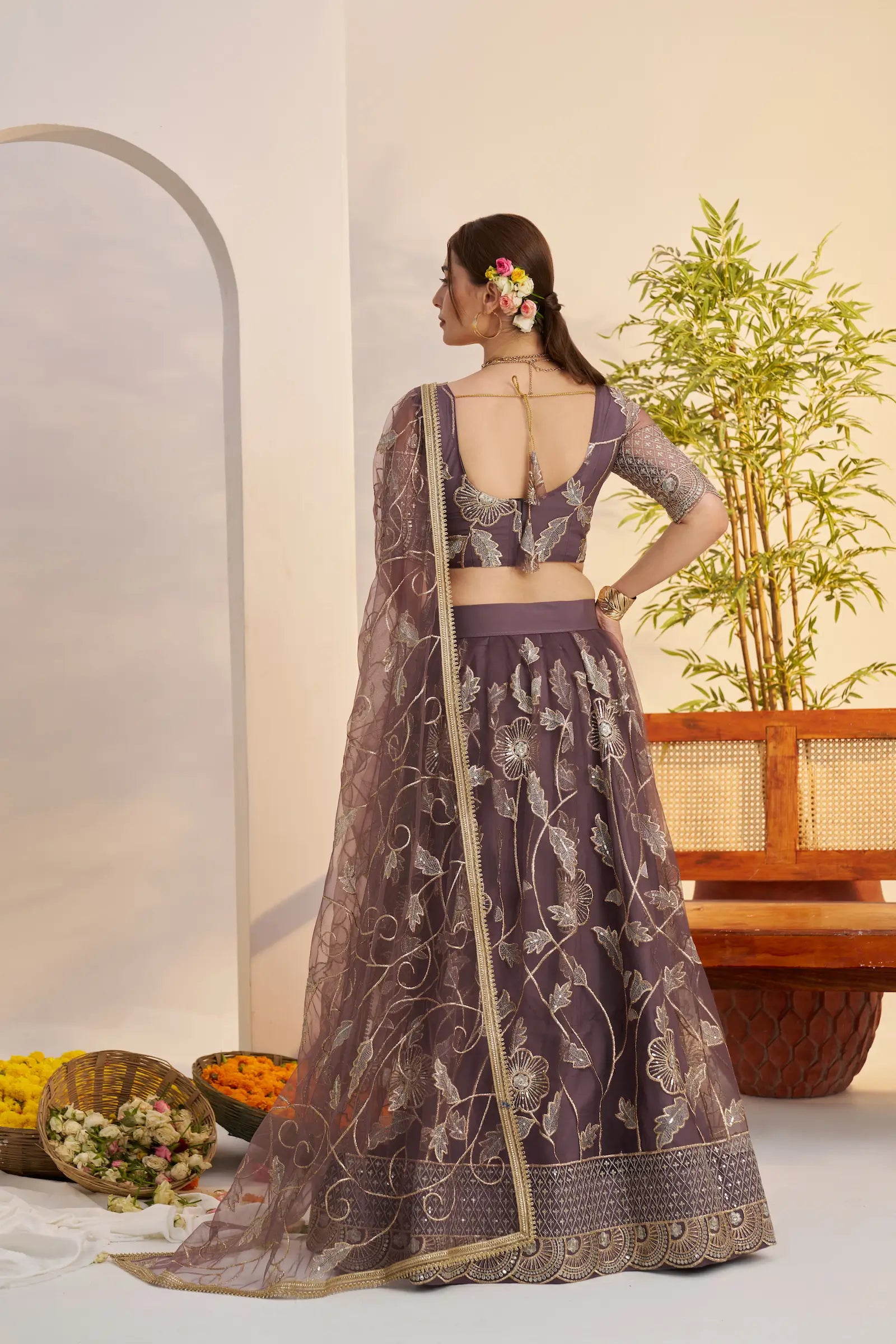 Dark Onion Net Lehenga Choli With Embroidery Work - qivii