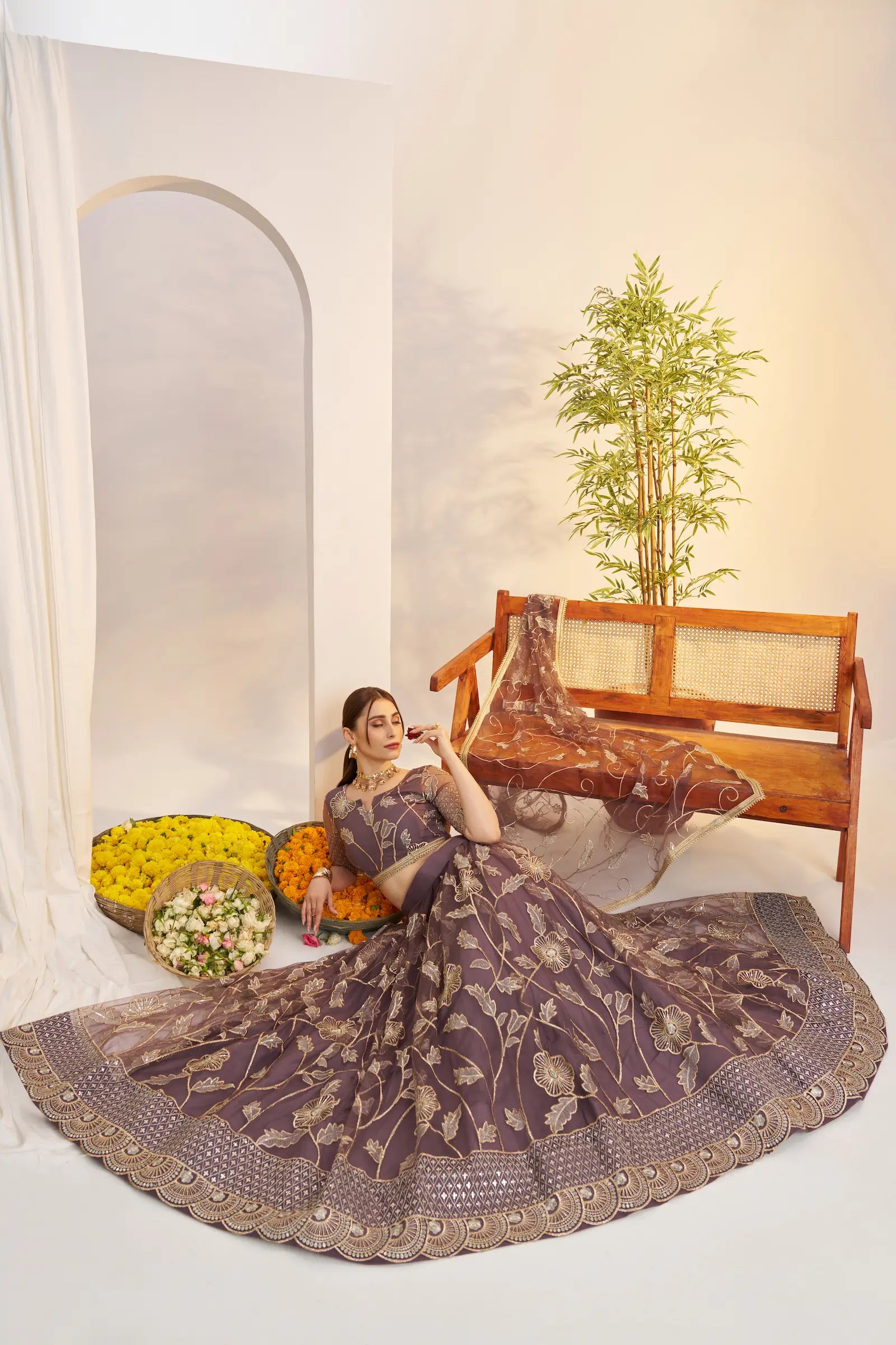 Dark Onion Net Lehenga Choli With Embroidery Work - qivii