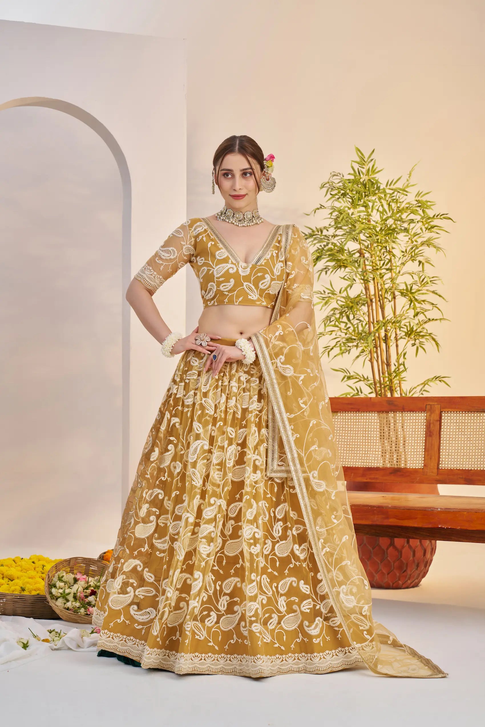 Golden Yellow Net Lehenga Choli With Embroidery Work - qivii