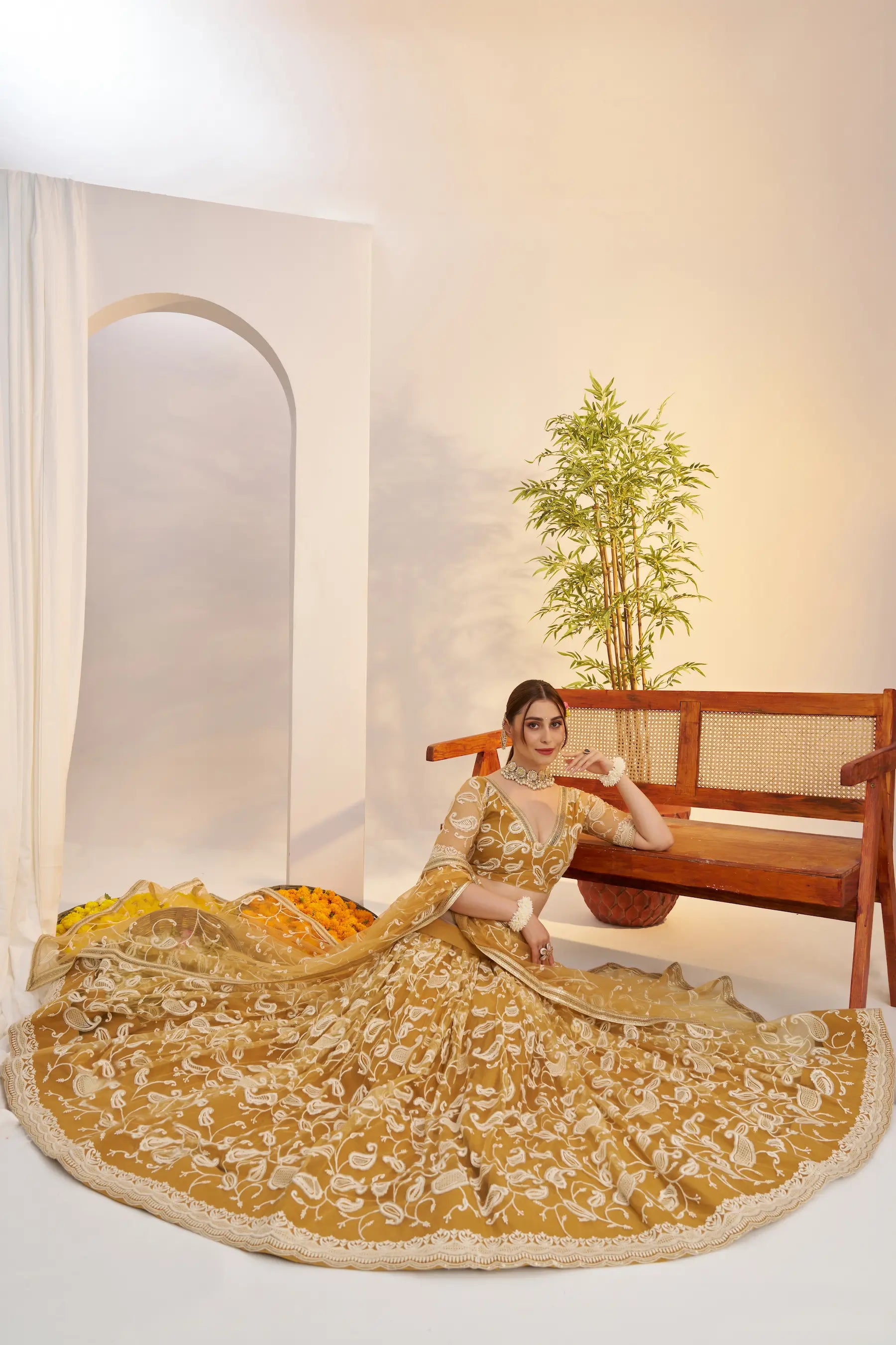Golden Yellow Net Lehenga Choli With Embroidery Work - qivii