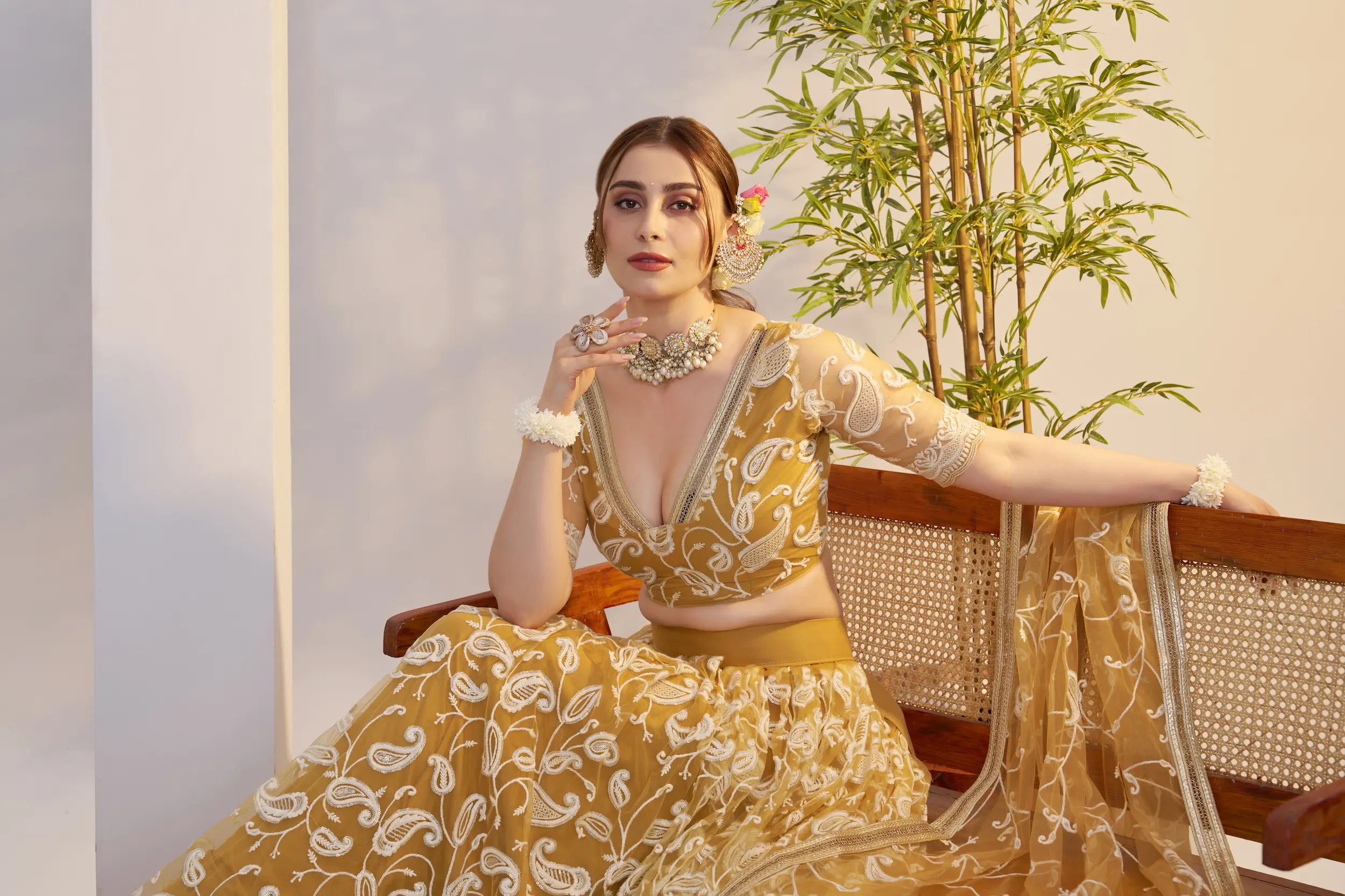 Golden Yellow Net Lehenga Choli With Embroidery Work - qivii