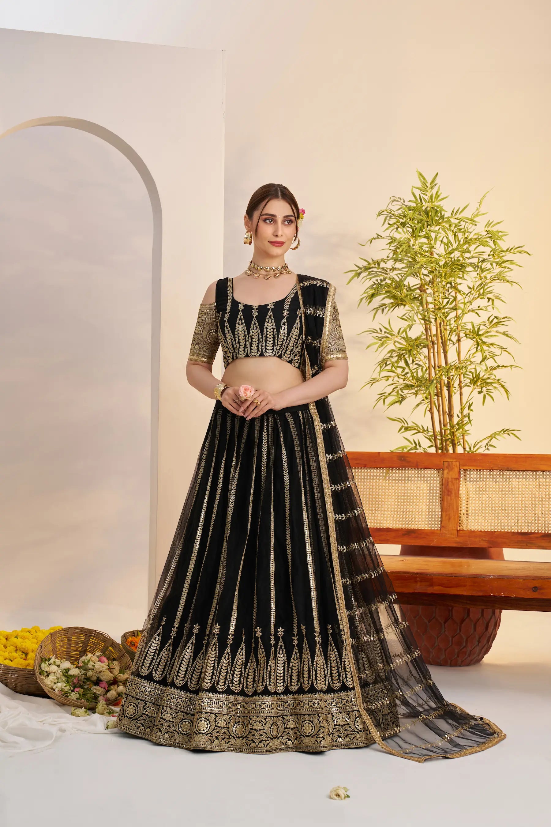 Black Net Lehenga Choli With Embroidery Work - qivii