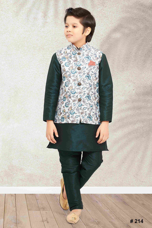 Boy's Pista Green Banarasi Silk Digital Printed Jacket Set
