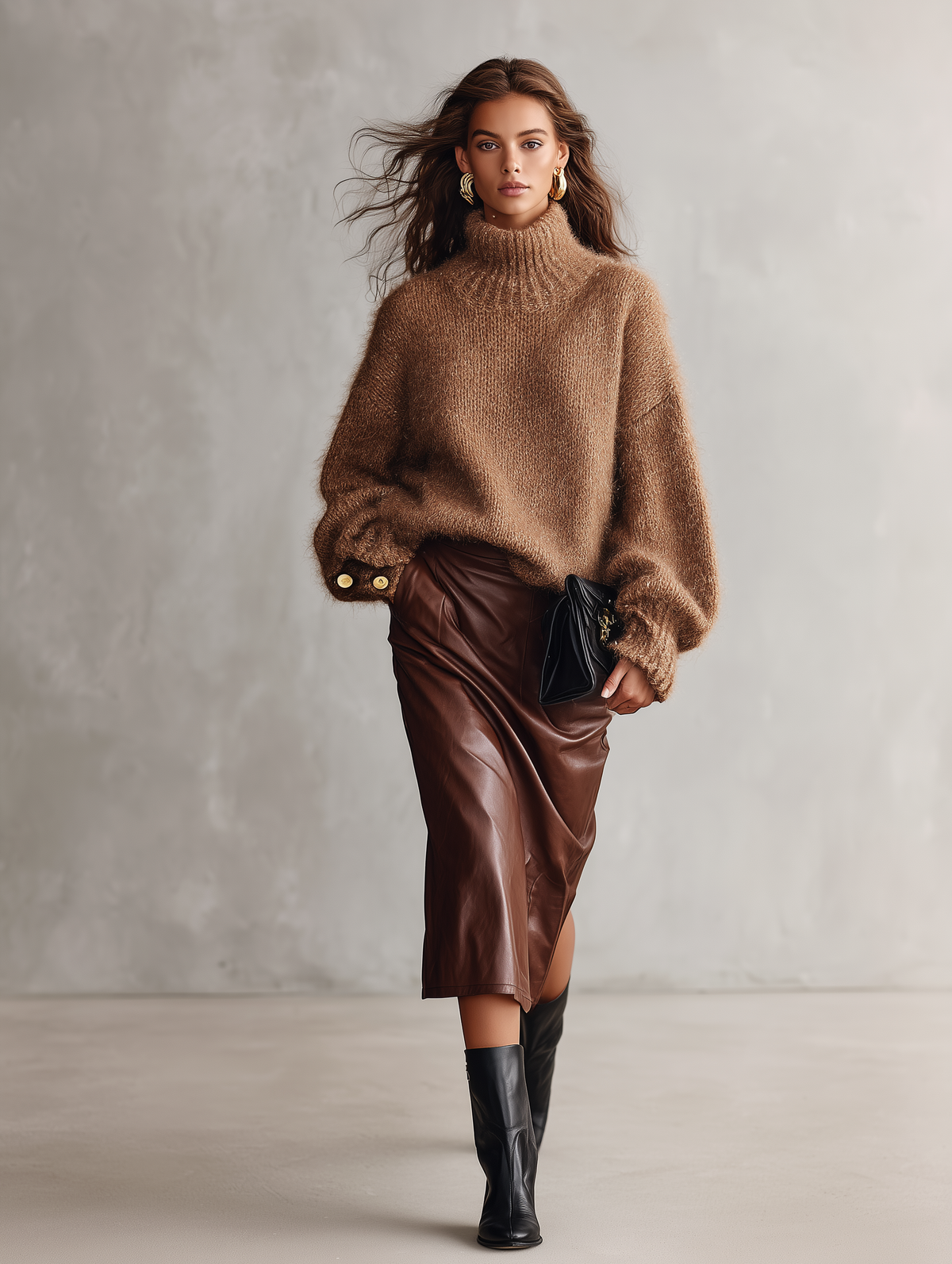 Women's Casual Camel Mohair-Blend Long-Sleeve Turtleneck Sweater