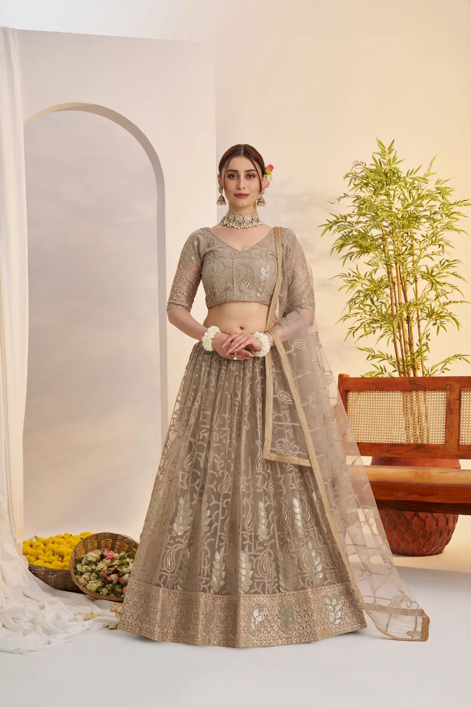 Metalic Grey Net Lehenga Choli With Embroidery Work - qivii