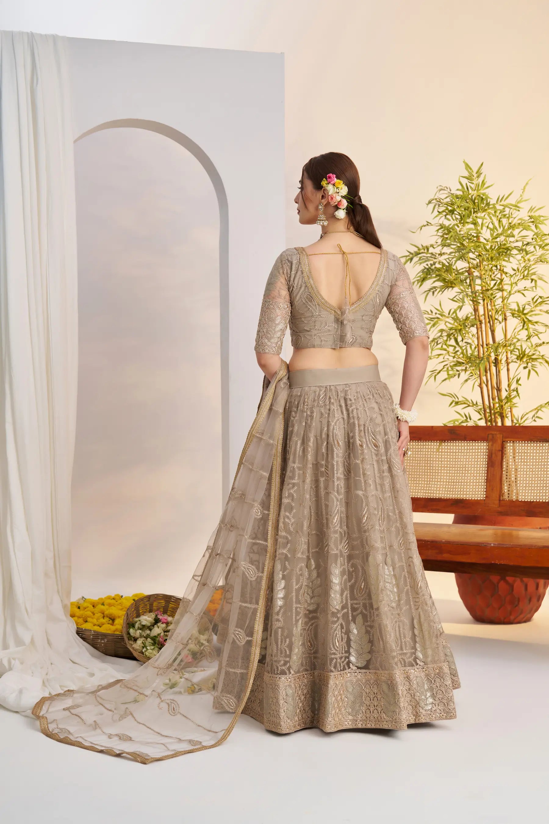 Metalic Grey Net Lehenga Choli With Embroidery Work - qivii