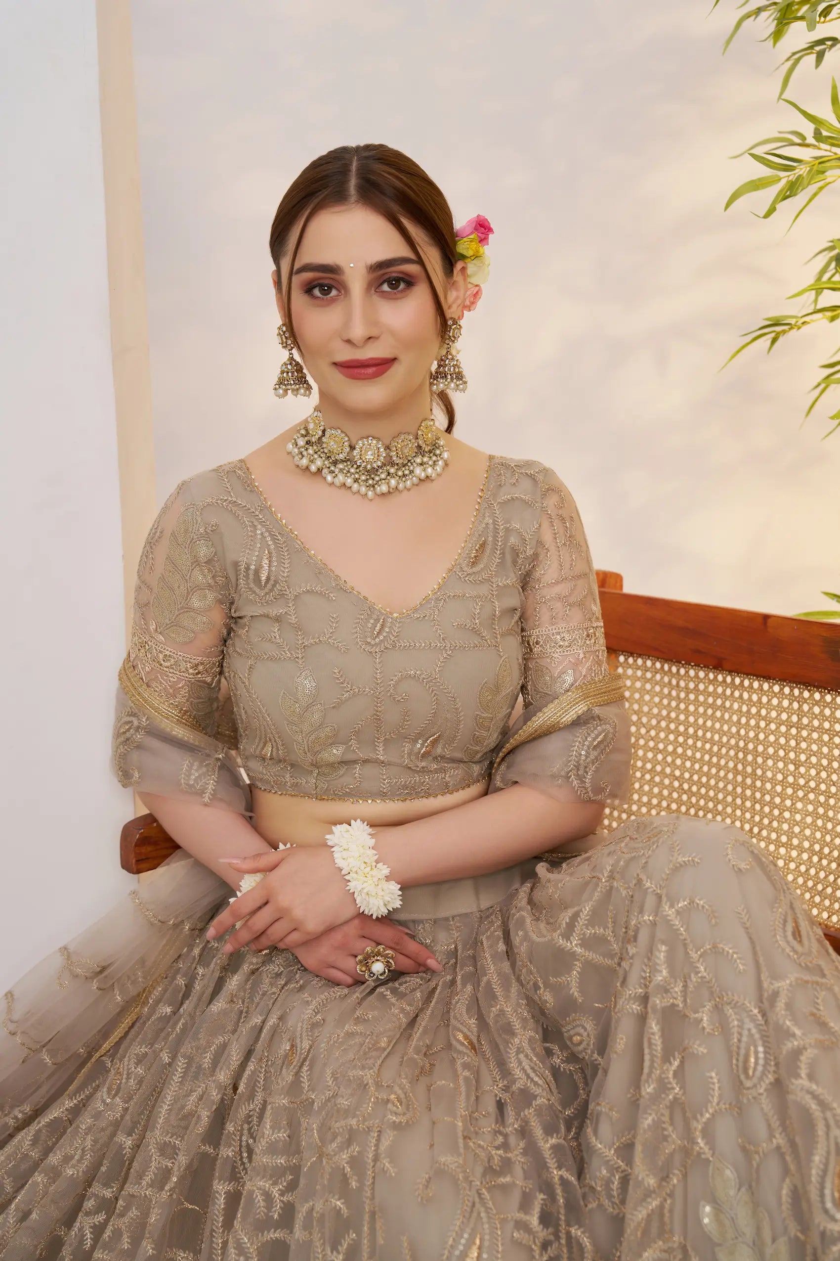 Metalic Grey Net Lehenga Choli With Embroidery Work - qivii