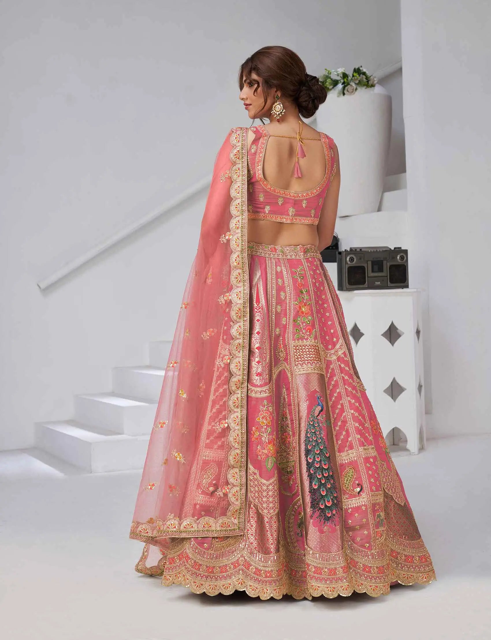 Designer Pink Silk Lehenga With Peacock Feather Work - qivii