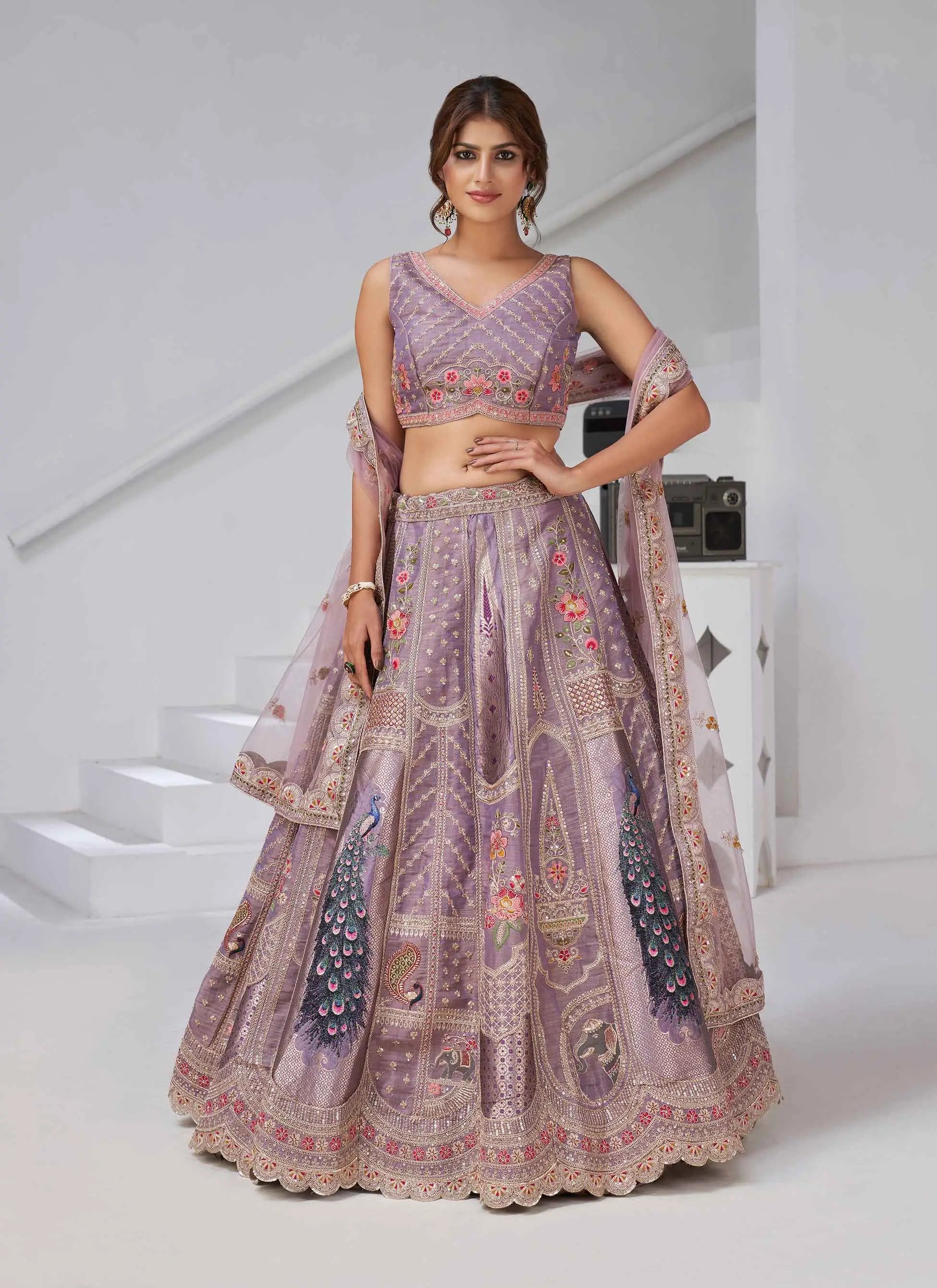 Dusky Purple Silk Lehenga With Peacock Feather Motifs - qivii