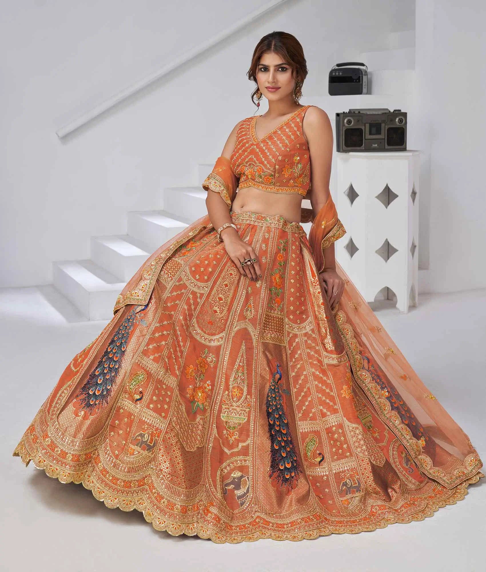 Elegant Rust Silk Lehenga With Feather Detailing - qivii