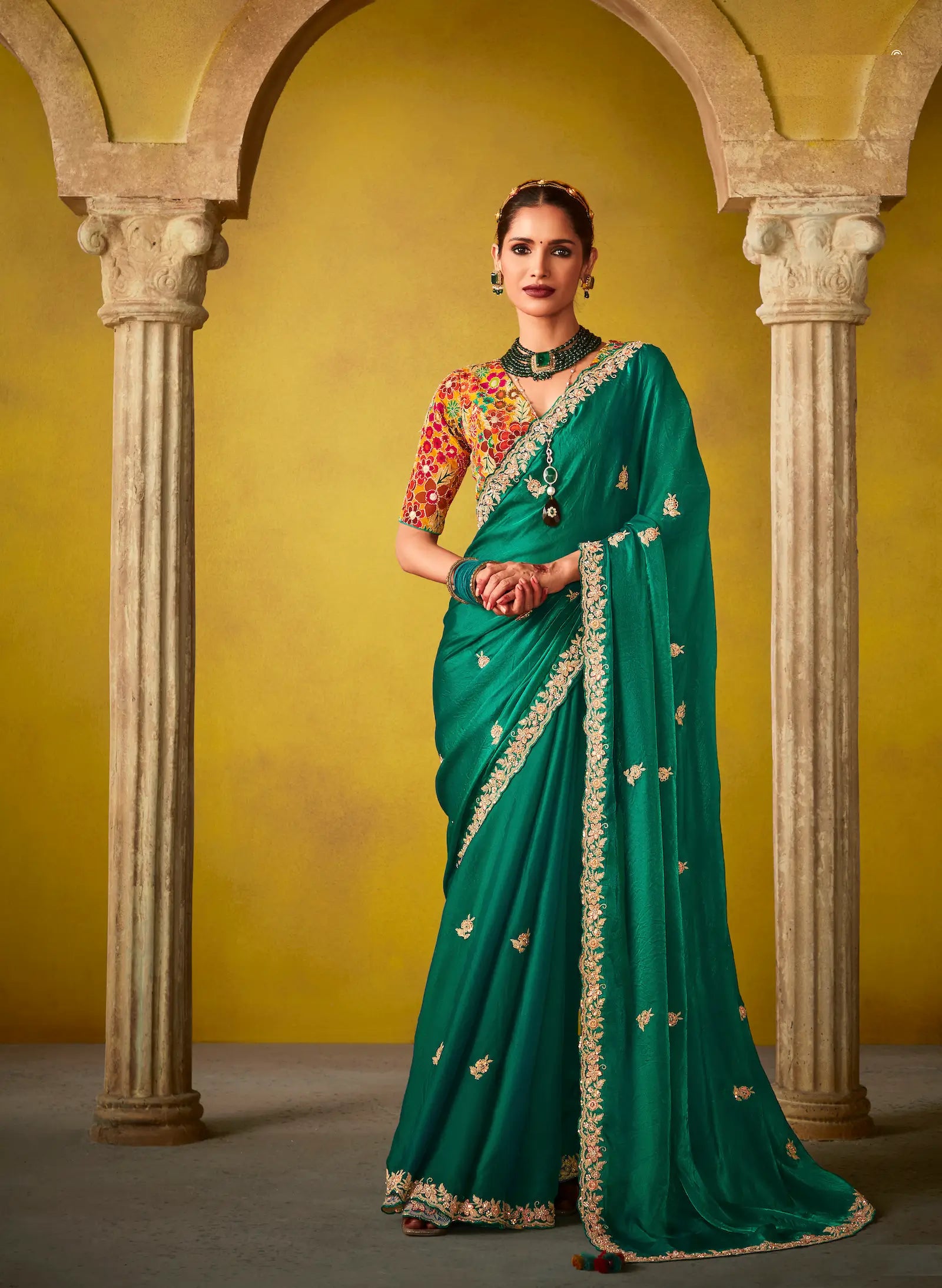 Green Glass Tissue Saree With Digital Print, Sequence & Thread Embroidery Work - qivii