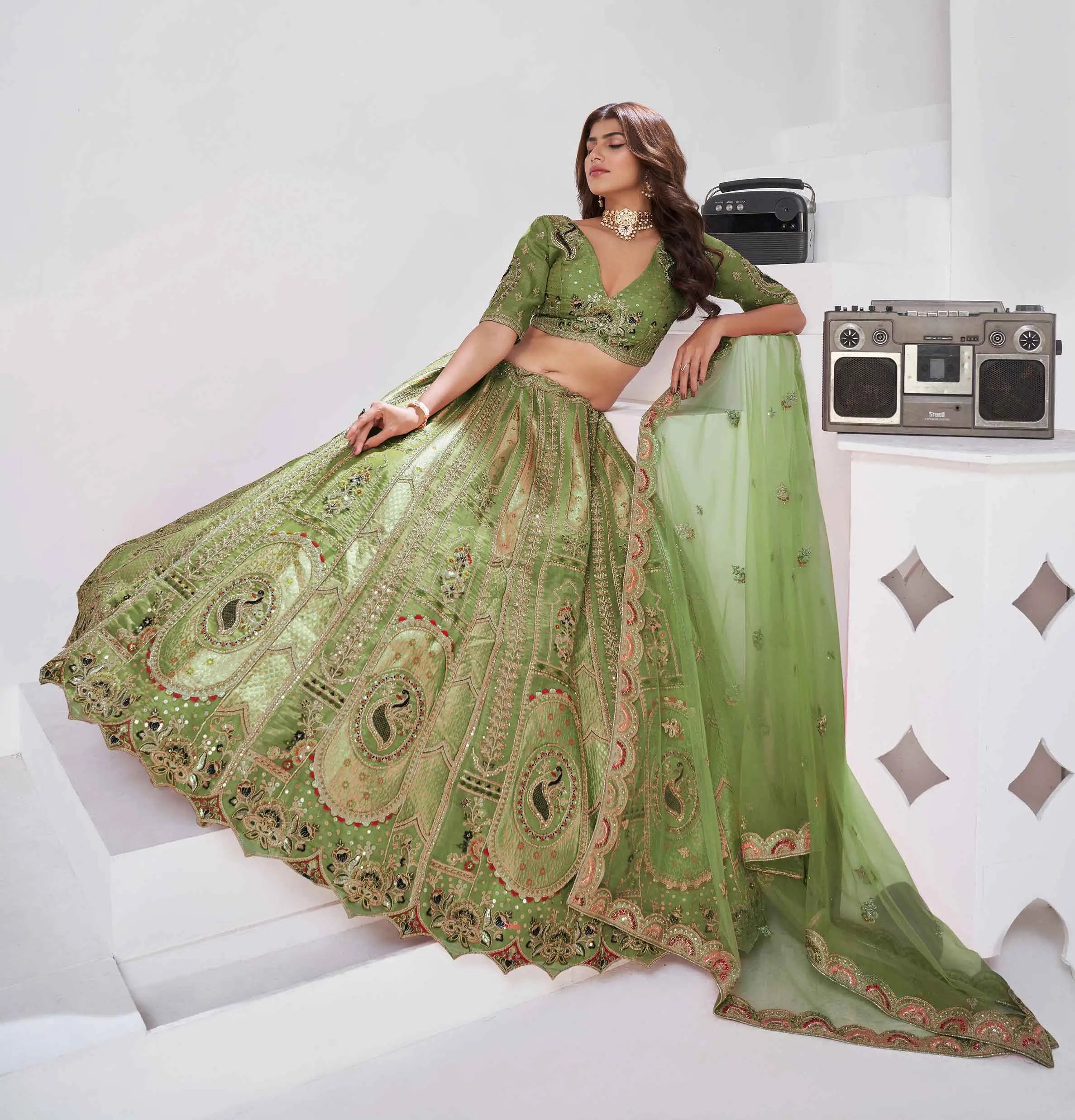 Grace Of Green Silk Lehenga With Embroidery Work - qivii
