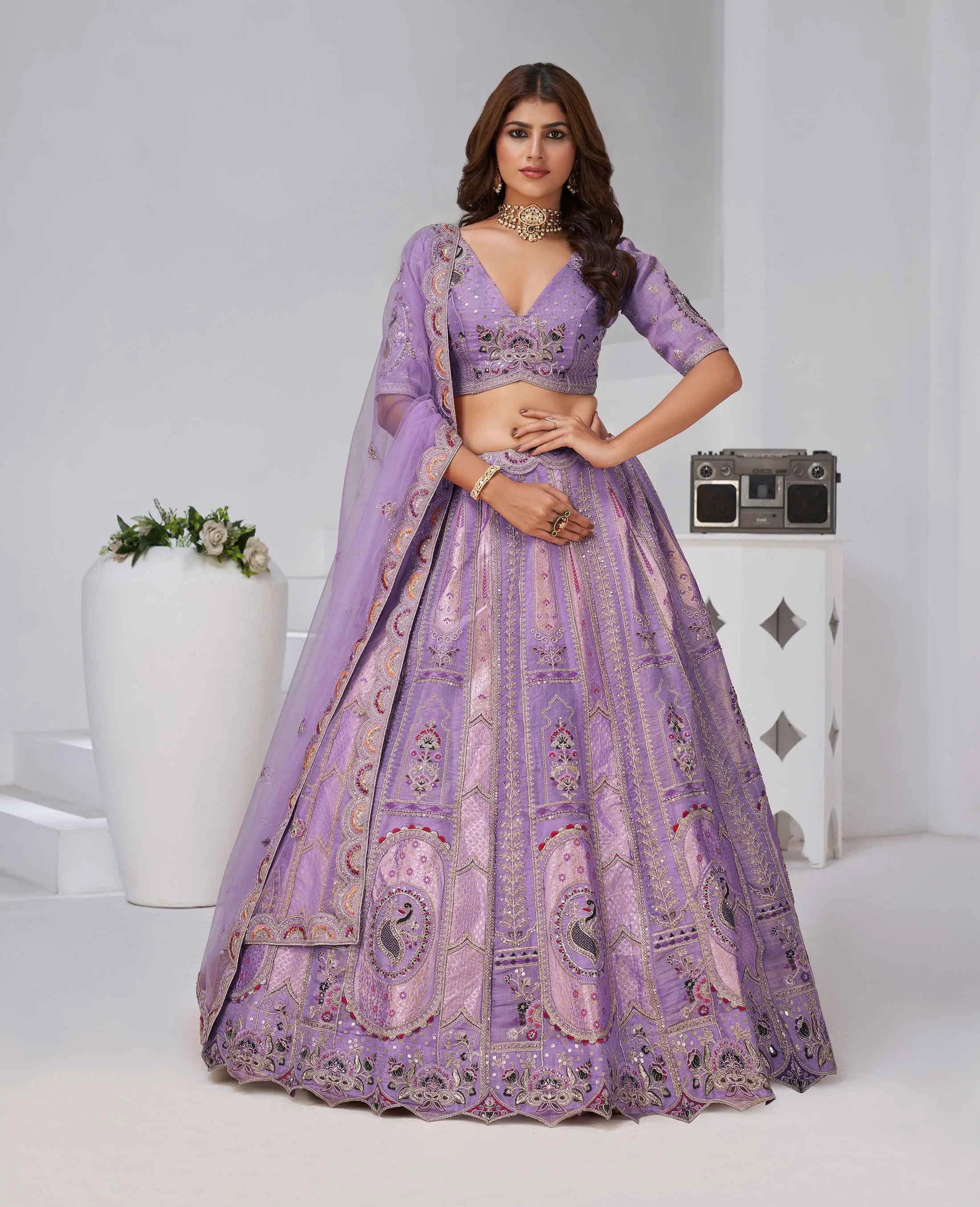 Dusty Lavender Zari Resham Embroidery Silk Lehenga - qivii