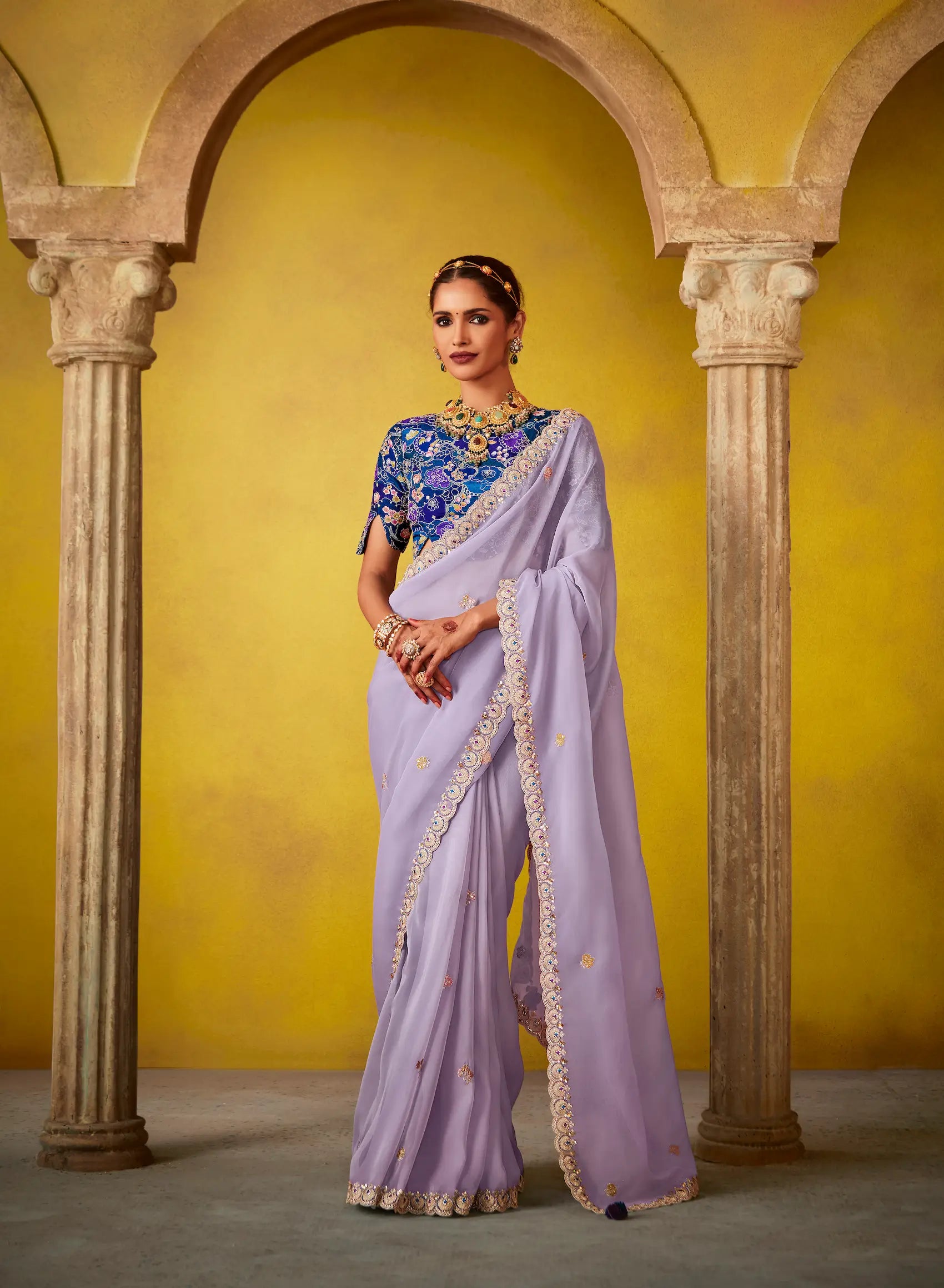 Lavender Glass Tissue Saree With Digital Print, Sequence & Thread Embroidery Work - qivii