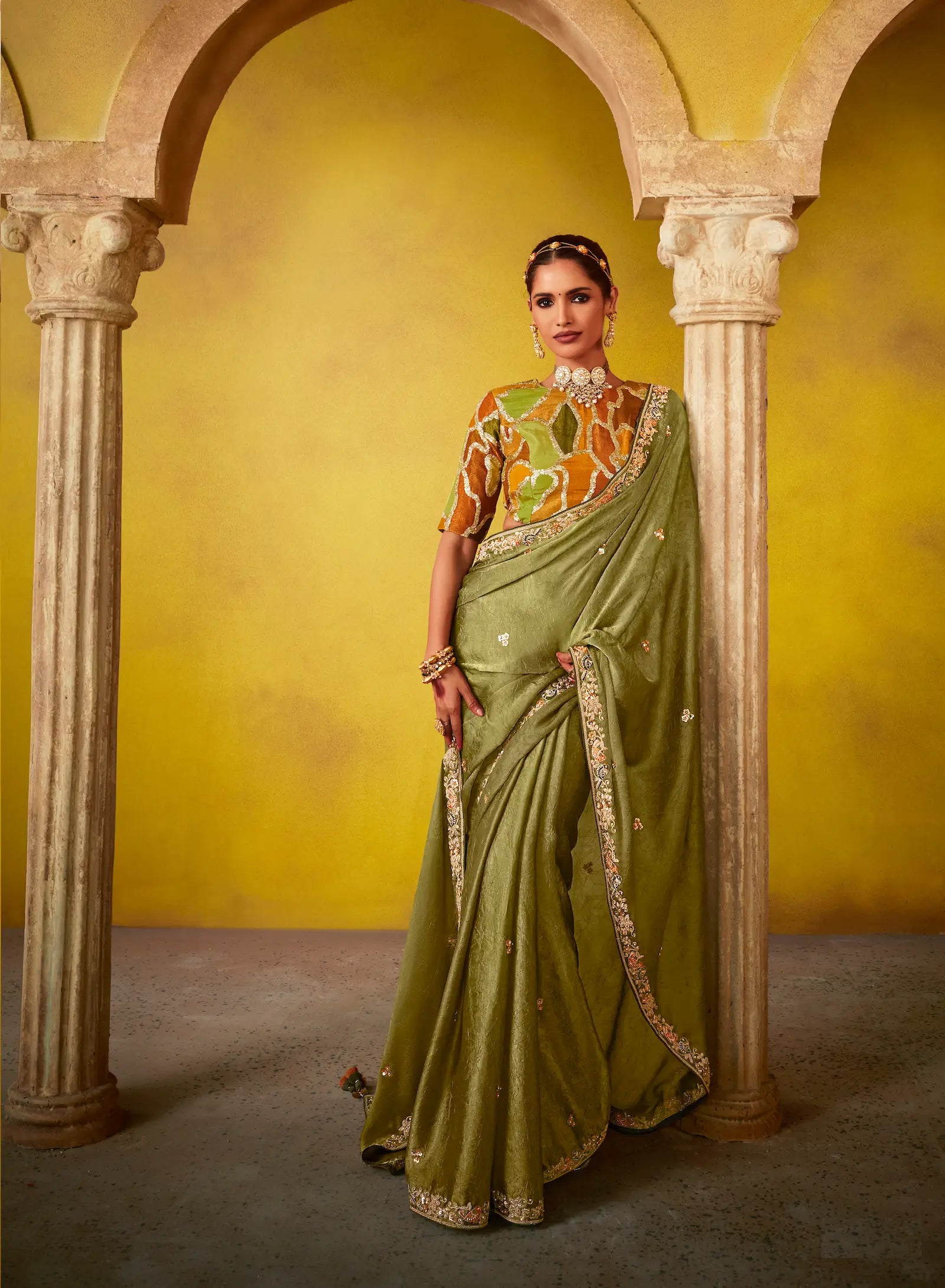 Olive Green Glass Tissue Saree With Digital Print, Sequence & Thread Embroidery Work - qivii