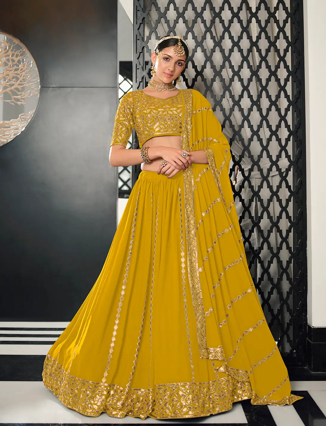 Yellow Georgette Thread with Sequence Embroidery Work Lehenga Choli | Ready To Wear - qivii