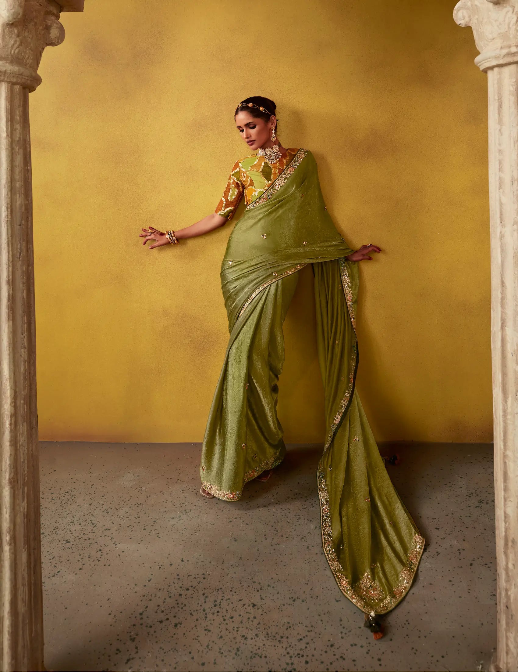 Olive Green Glass Tissue Saree With Digital Print, Sequence & Thread Embroidery Work