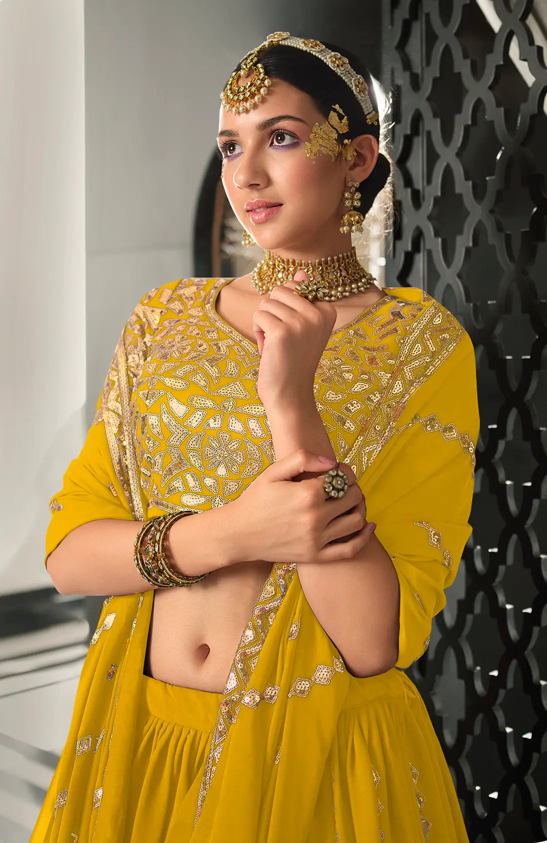 Yellow Georgette Thread with Sequence Embroidery Work Lehenga Choli | Ready To Wear - qivii