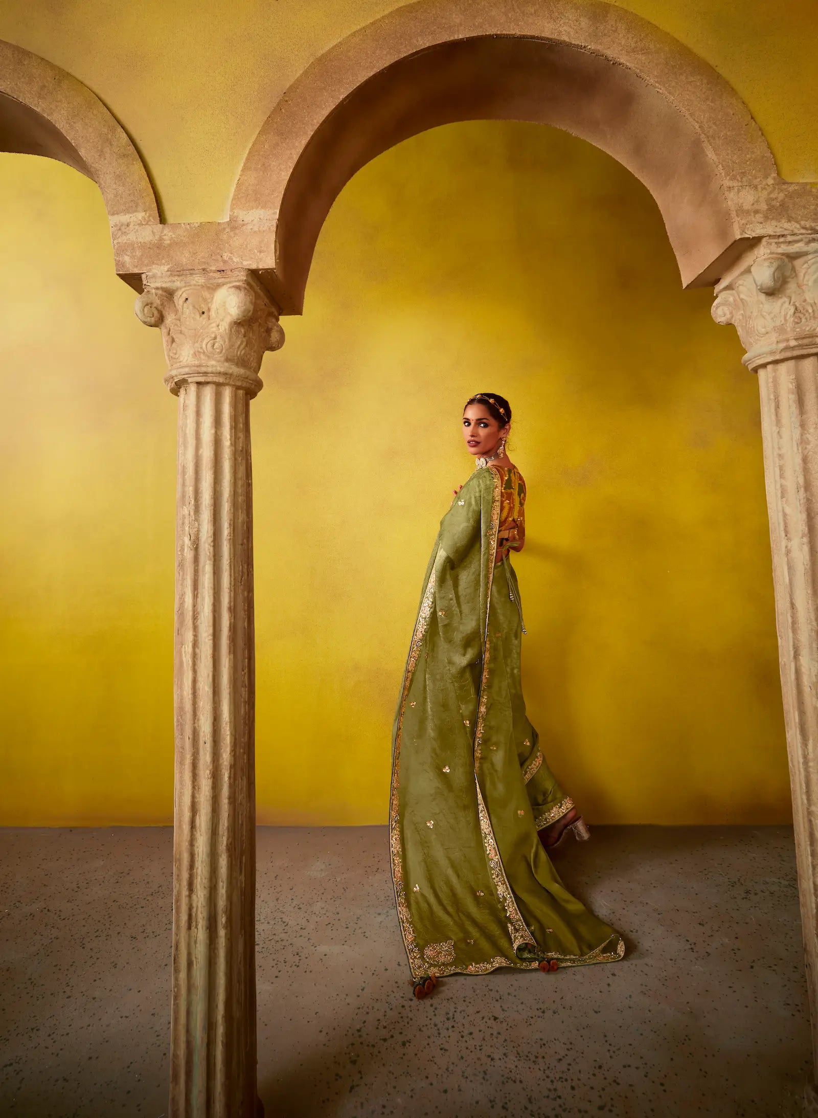 Olive Green Glass Tissue Saree With Digital Print, Sequence & Thread Embroidery Work