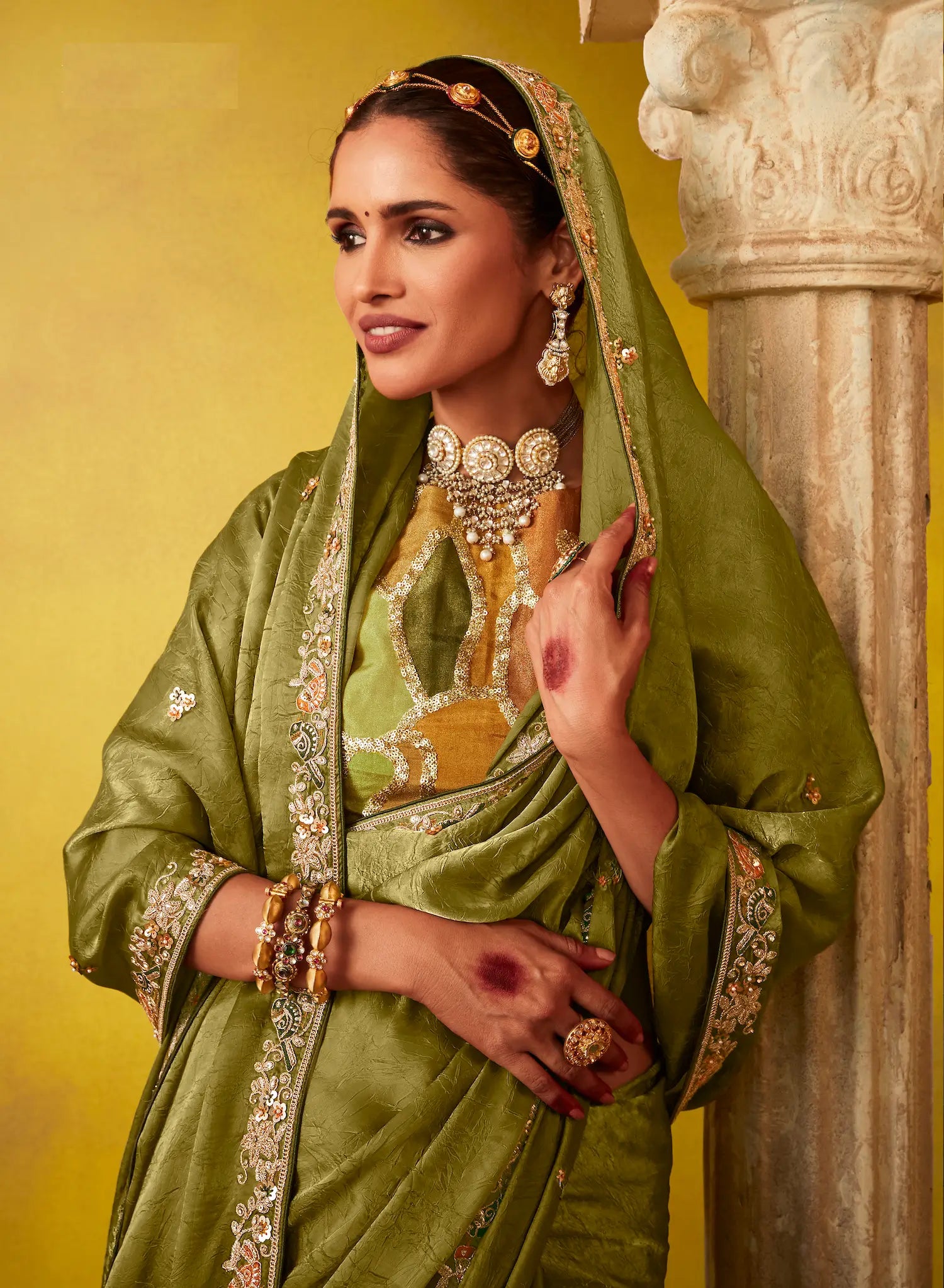 Olive Green Glass Tissue Saree With Digital Print, Sequence & Thread Embroidery Work