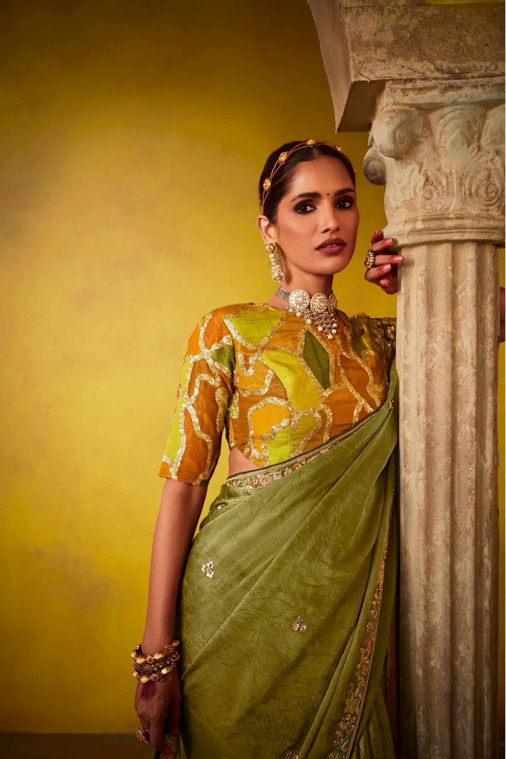 Olive Green Glass Tissue Saree With Digital Print, Sequence & Thread Embroidery Work