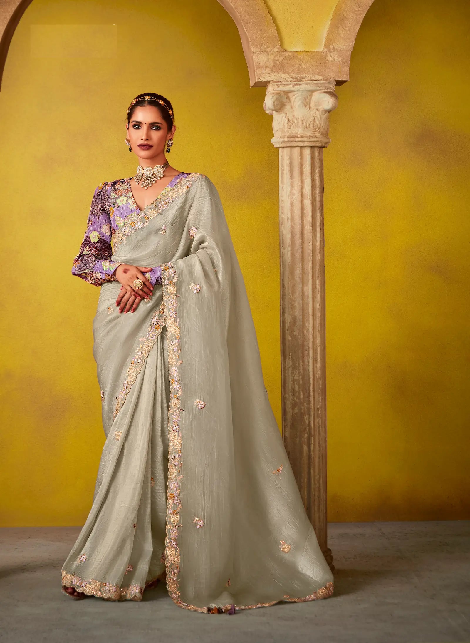 Grey Glass Tissue Saree With Digital Print, Sequence & Thread Embroidery Work - qivii