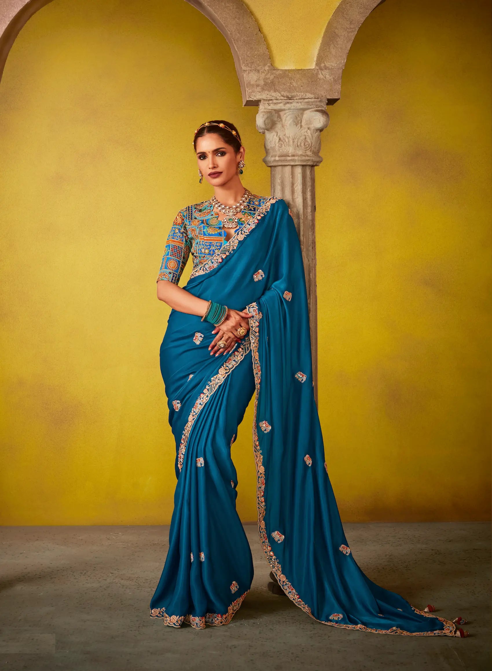 Teal Blue Glass Tissue Saree With Digital Print, Sequence & Thread Embroidery Work - qivii