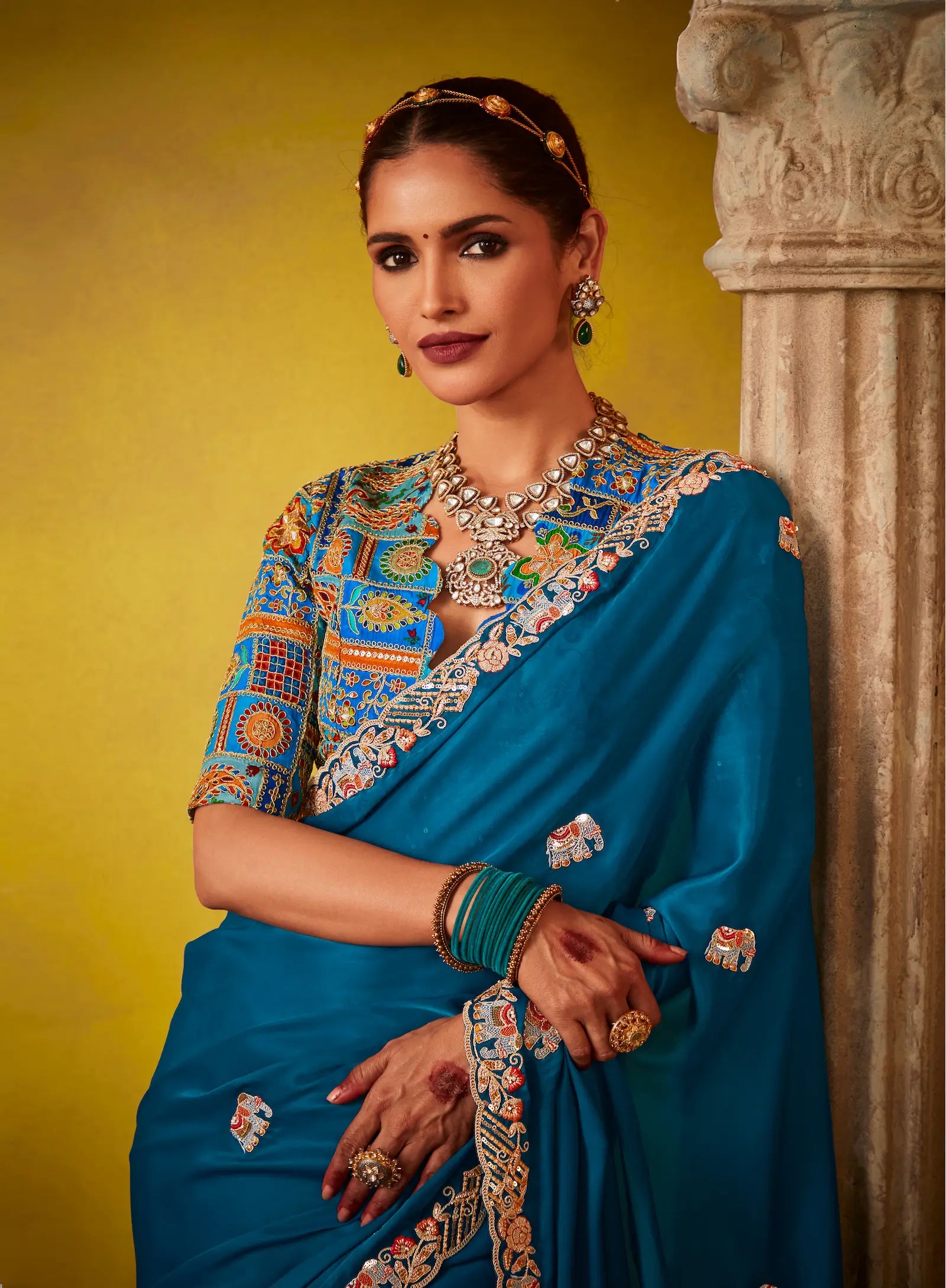 Teal Blue Glass Tissue Saree With Digital Print, Sequence & Thread Embroidery Work - qivii