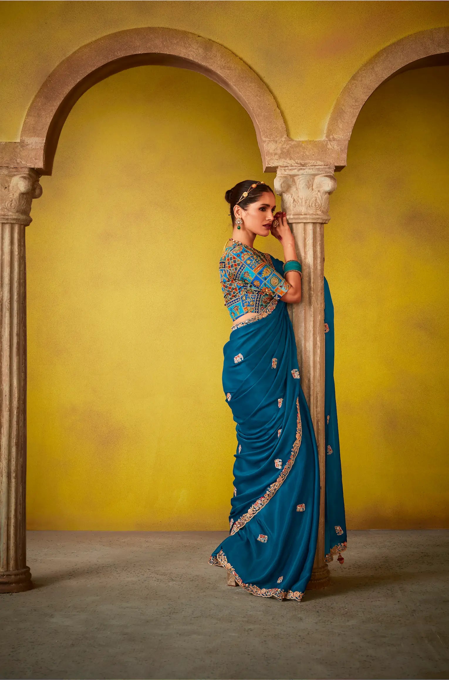 Teal Blue Glass Tissue Saree With Digital Print, Sequence & Thread Embroidery Work - qivii
