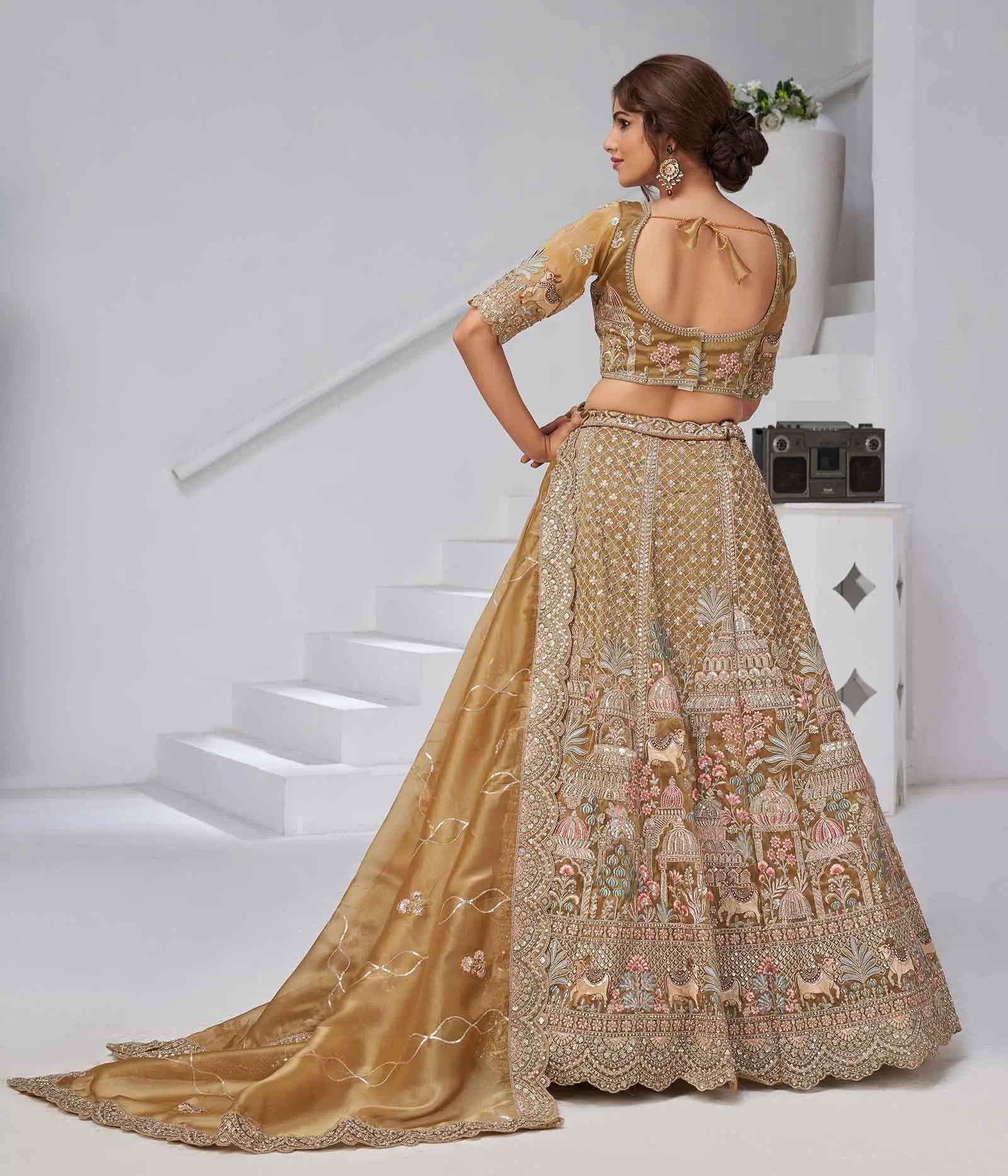 Traditional Bridal Lehenga With Temple & Cow Motifs - qivii