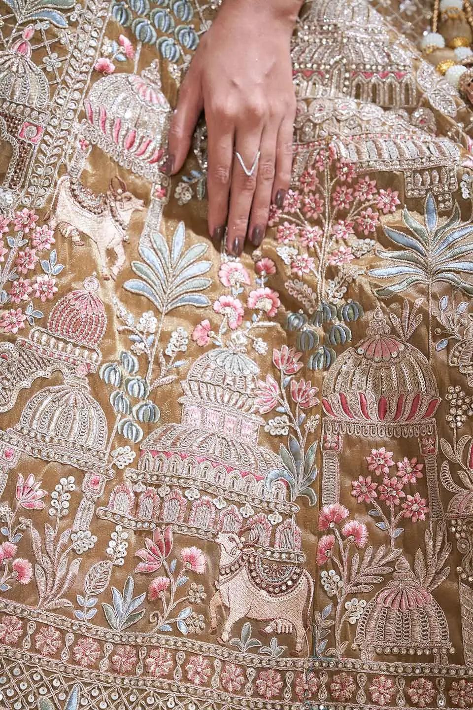 Traditional Bridal Lehenga With Temple & Cow Motifs - qivii