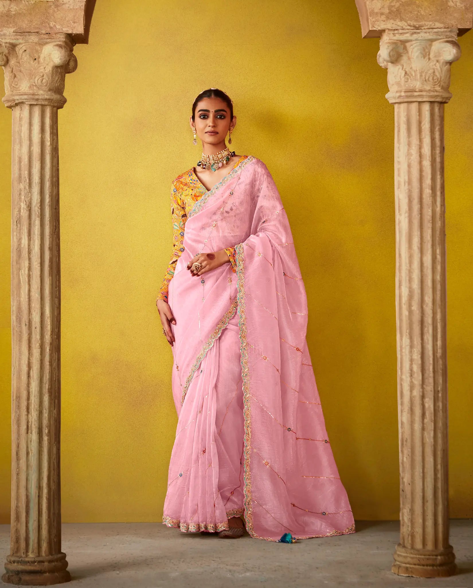 Light Pink Glass Tissue Saree With Digital Print, Sequence & Thread Embroidery Work - qivii