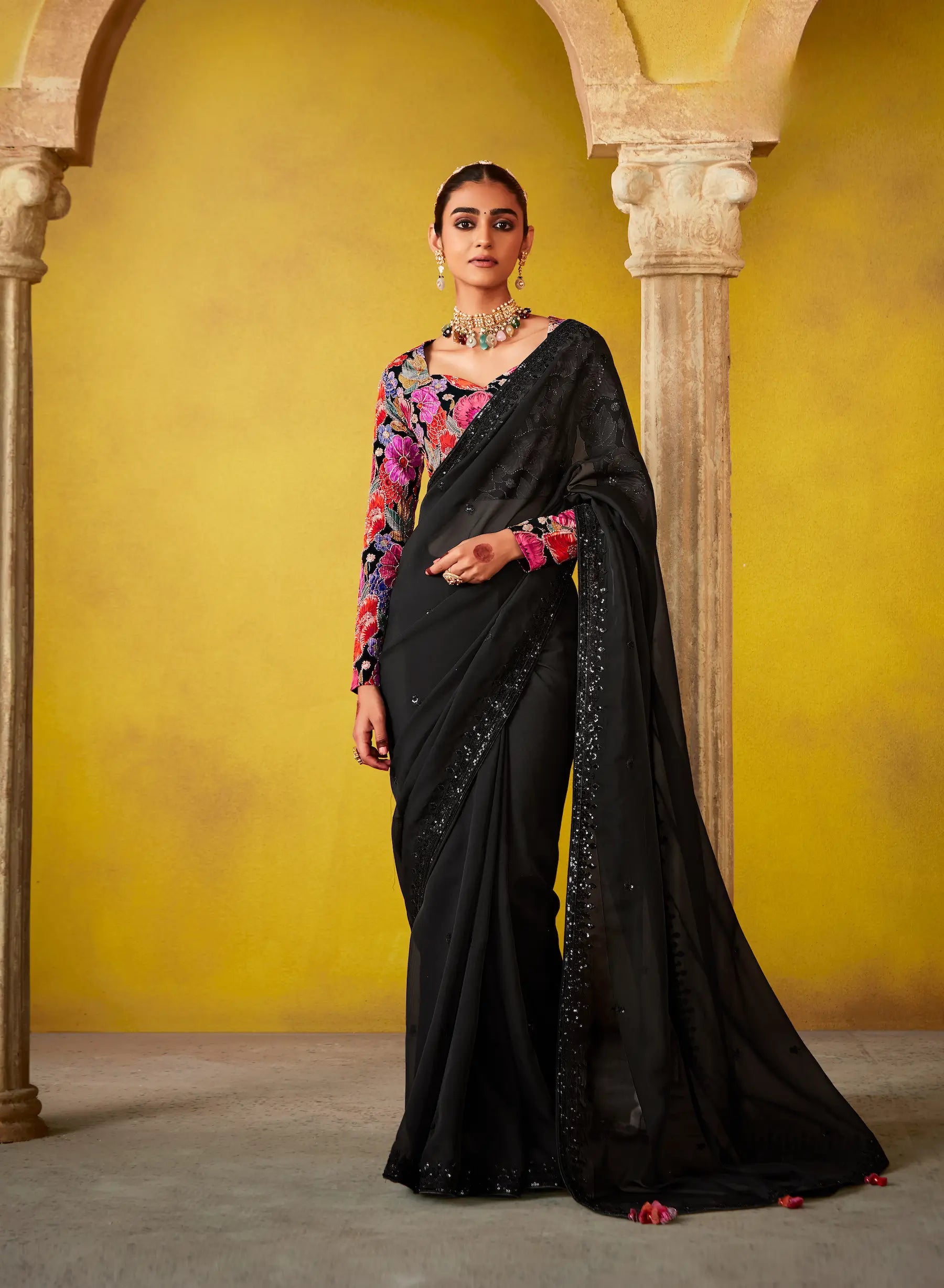 Black Glass Tissue Saree With Digital Print, Sequence & Thread Embroidery Work - qivii