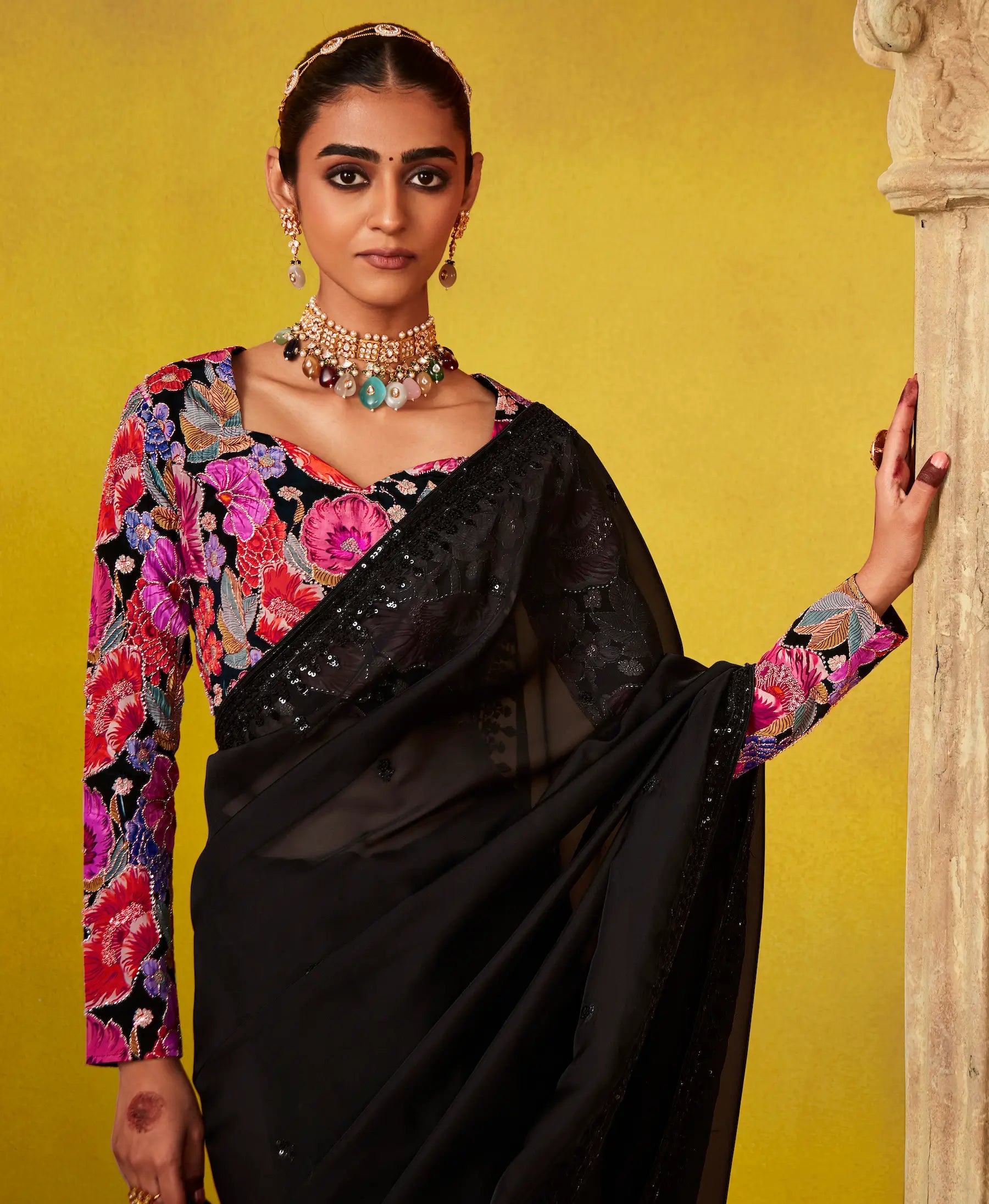 Black Glass Tissue Saree With Digital Print, Sequence & Thread Embroidery Work
