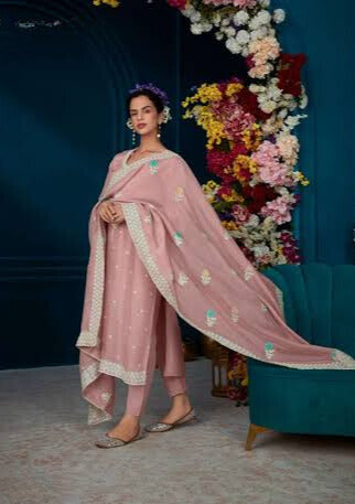 Baby Pink Modale silk with embroidery work Salwar Suit