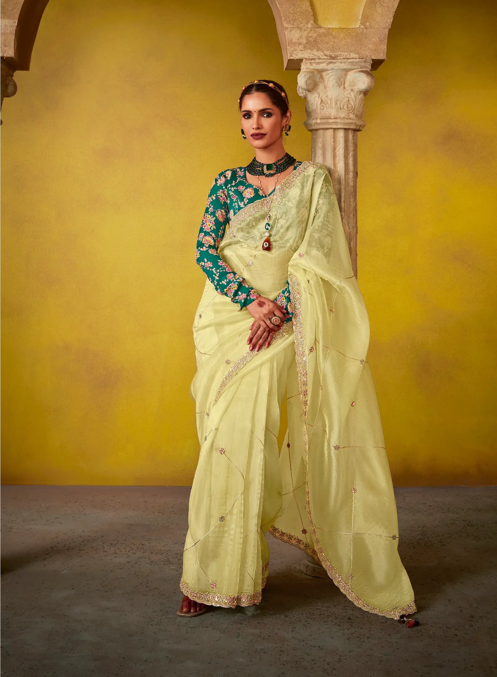 Lime Yellow Glass Tissue Saree With Digital Print, Sequence & Thread Embroidery Work - qivii