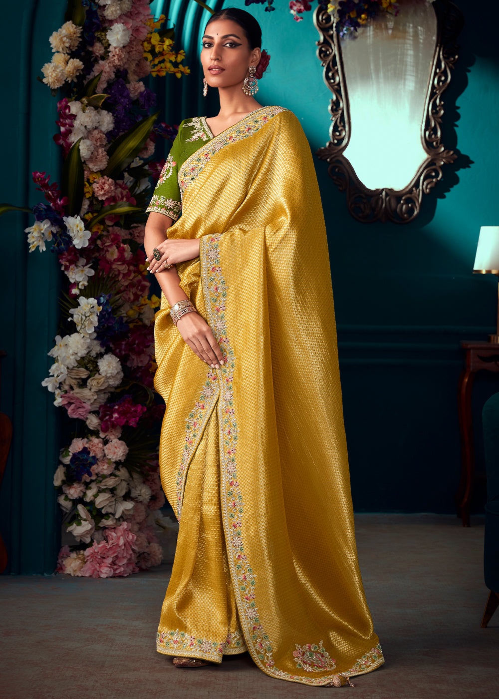 Golden Yellow Woven Kanjivaram Silk Saree with Sequin,Stone,Khatli & Pearl work - qivii