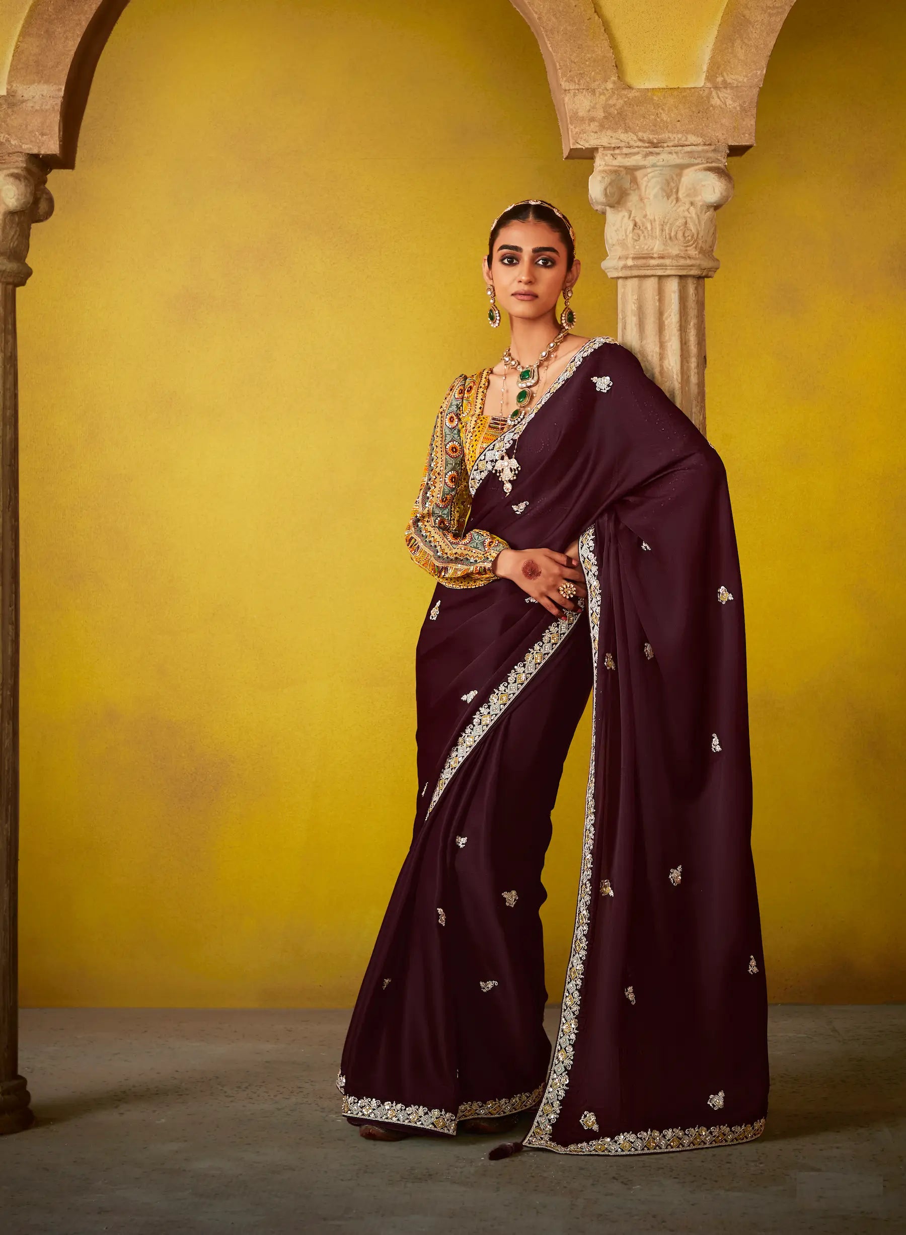 Dark Brown Glass Tissue Saree With Digital Print, Sequence & Thread Embroidery Work