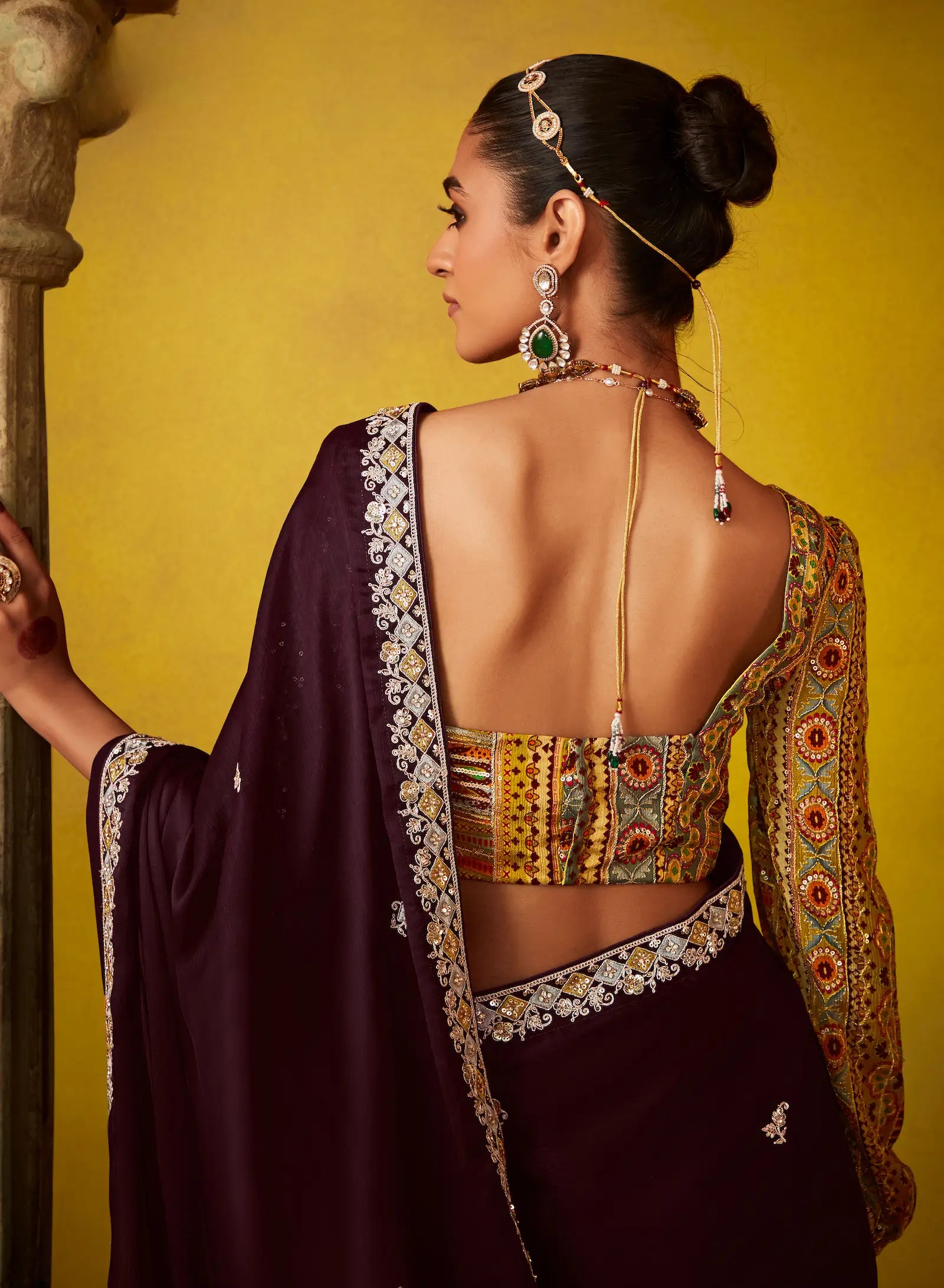 Dark Brown Glass Tissue Saree With Digital Print, Sequence & Thread Embroidery Work