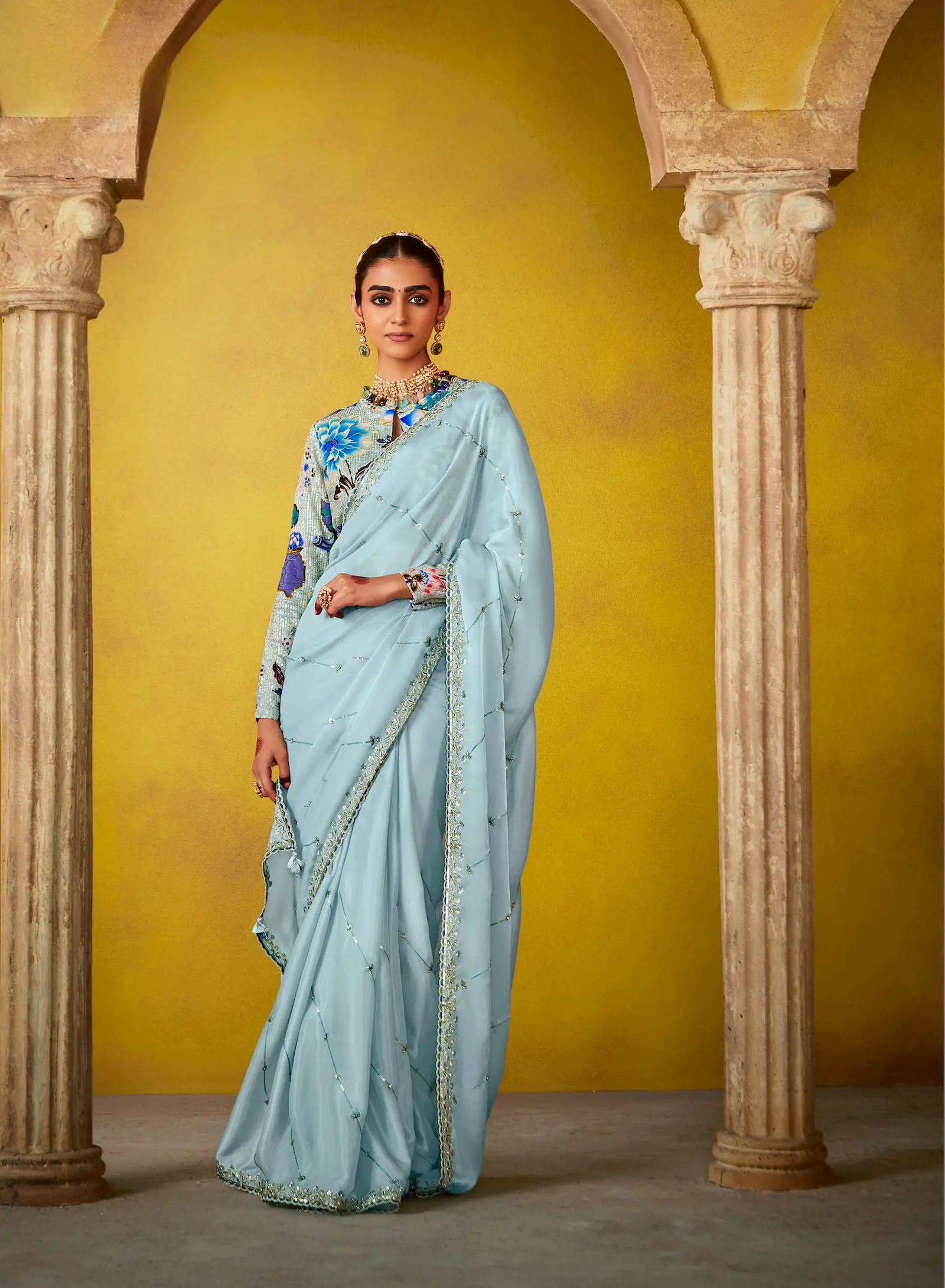 Sky Blue Glass Tissue Saree With Digital Print, Sequence & Thread Embroidery Work - qivii