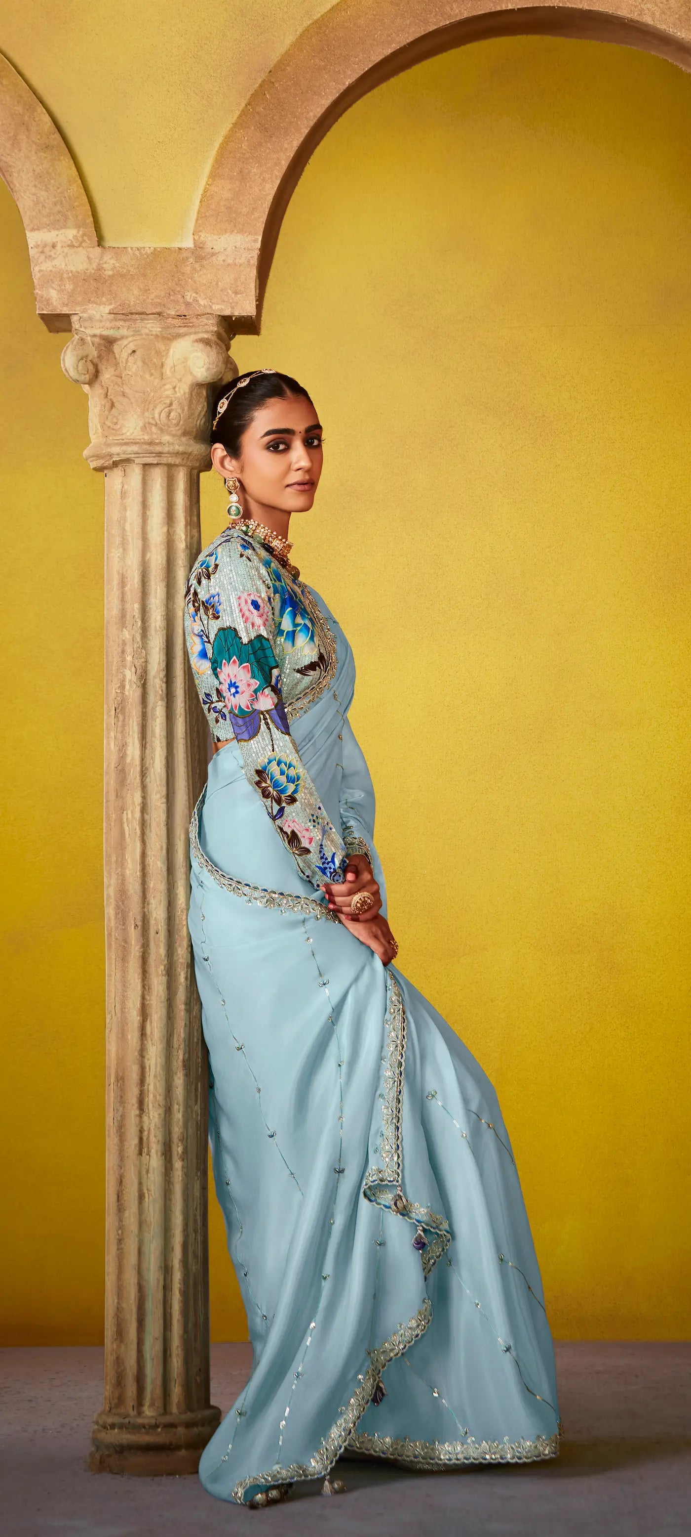 Sky Blue Glass Tissue Saree With Digital Print, Sequence & Thread Embroidery Work