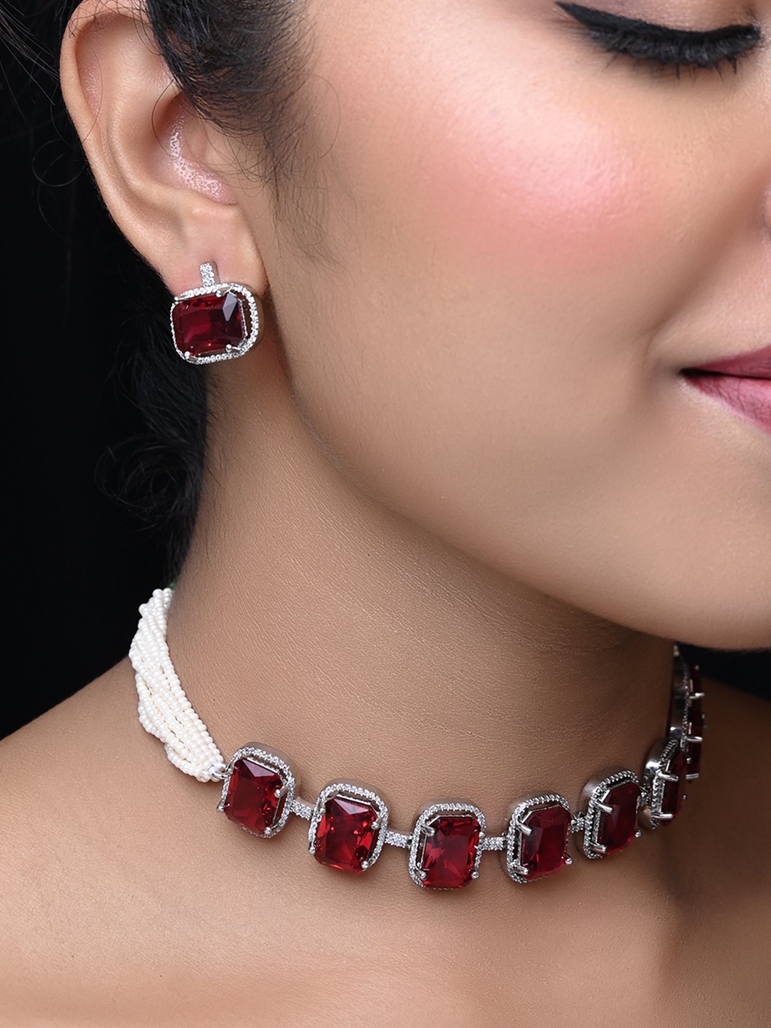 Saaleha Ruby Diamond Stone Silver Plated Choker Set with intricate design and sparkling gems