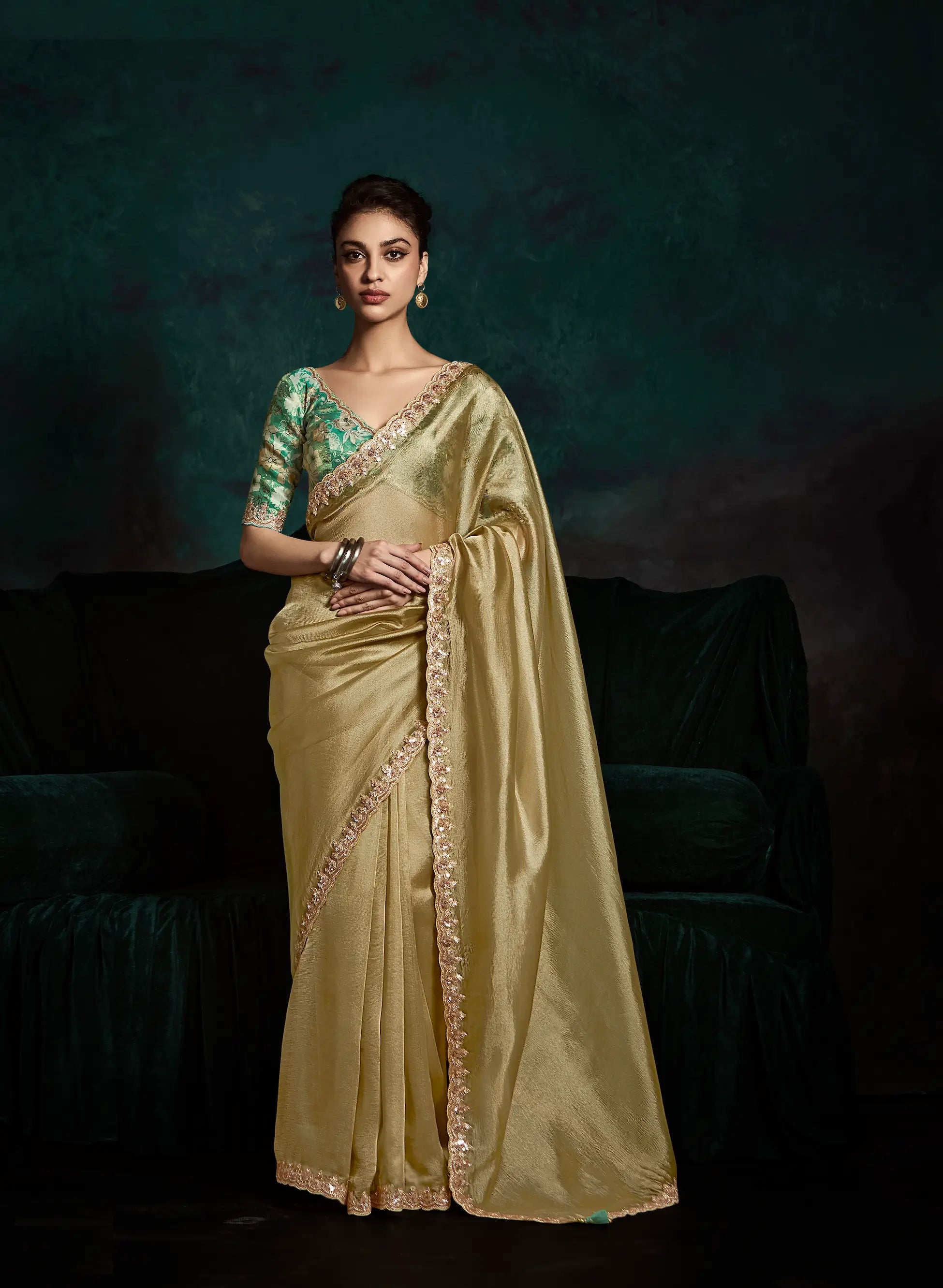 Dusty Lime Glass Organza Saree With Digital Print, Sequence & Thread Embroidery Work - qivii