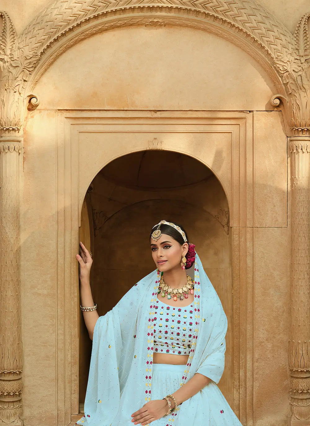 Sky Blue Georgette Thread with Sequence Embroidery Work Lehenga Choli | Ready To Wear - qivii