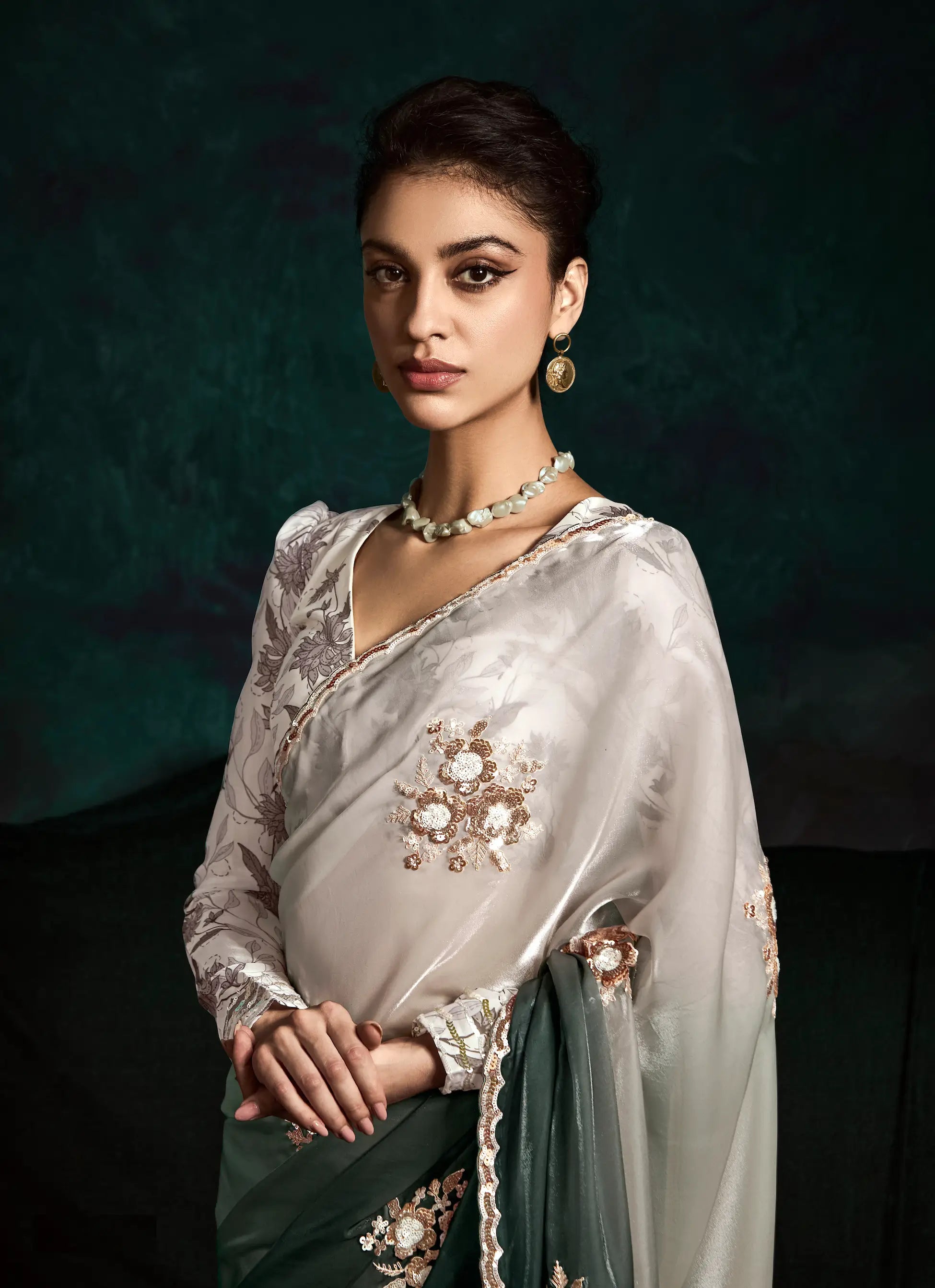 Shaded Glass Organza Saree With Digital Print, Sequence & Thread Embroidery Work - qivii