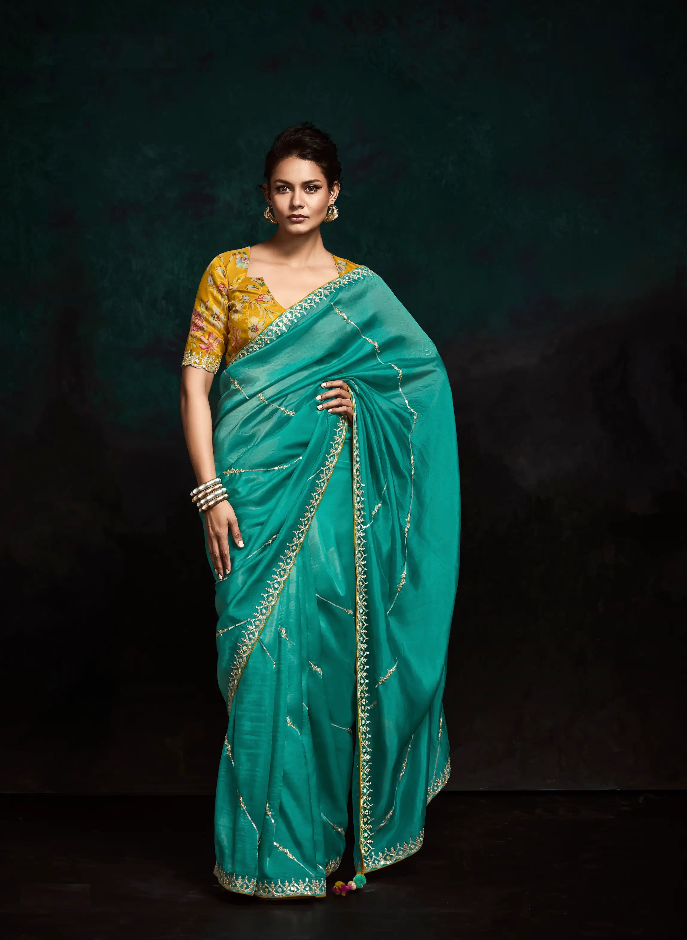 Teal Green Glass Organza Saree With Digital Print, Sequence & Thread Embroidery Work - qivii